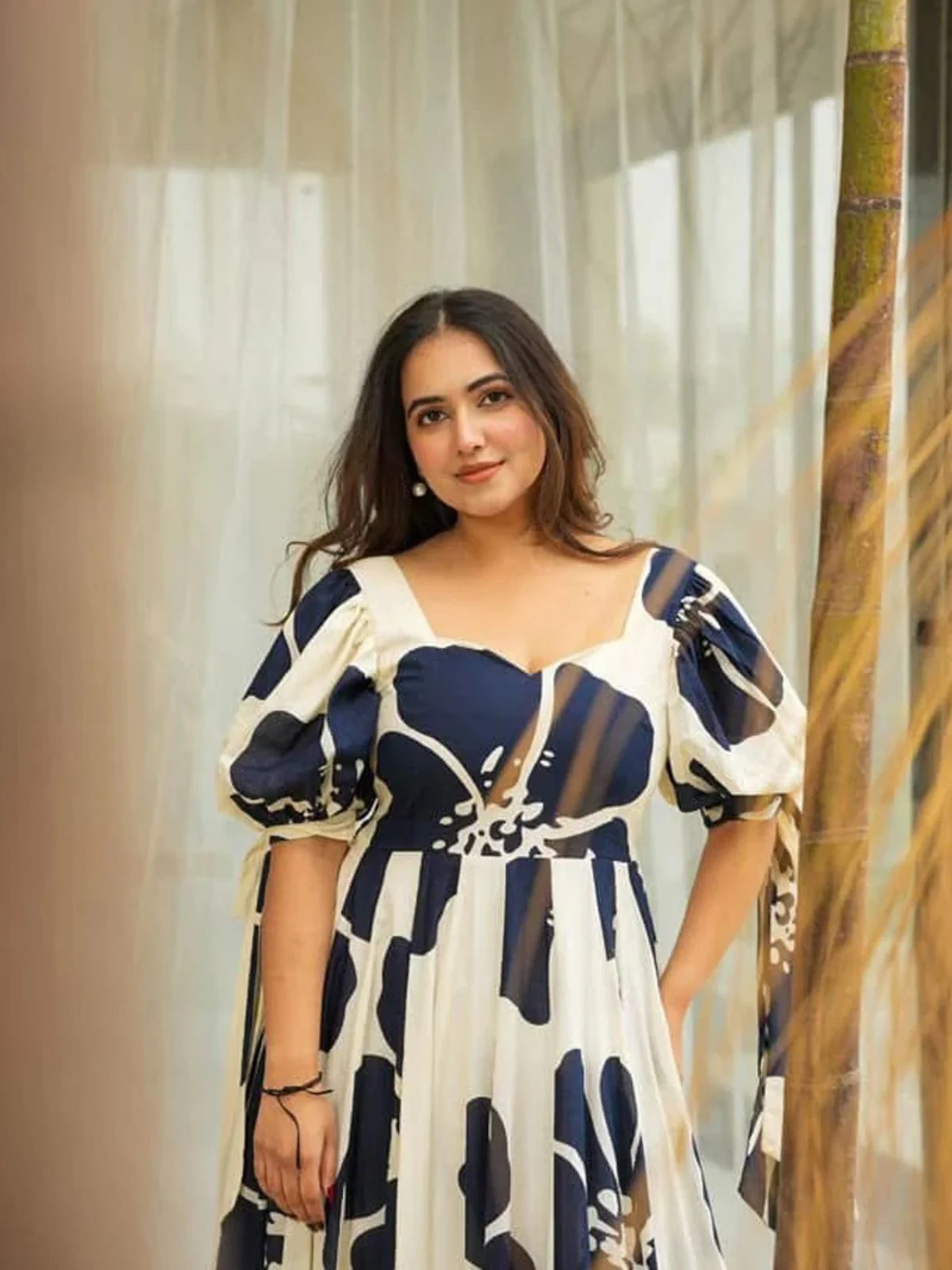 Odette White & Blue Cotton Blend Printed Gown For Women - Image 6