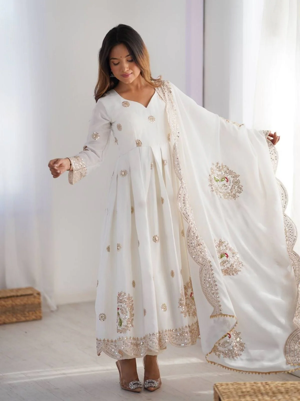 Odette White Chiffon Embroidered Stitched Kurta Set For Women - Image 2