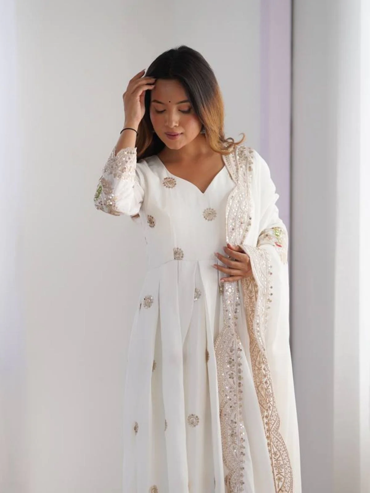 Odette White Chiffon Embroidered Stitched Kurta Set For Women - Image 3