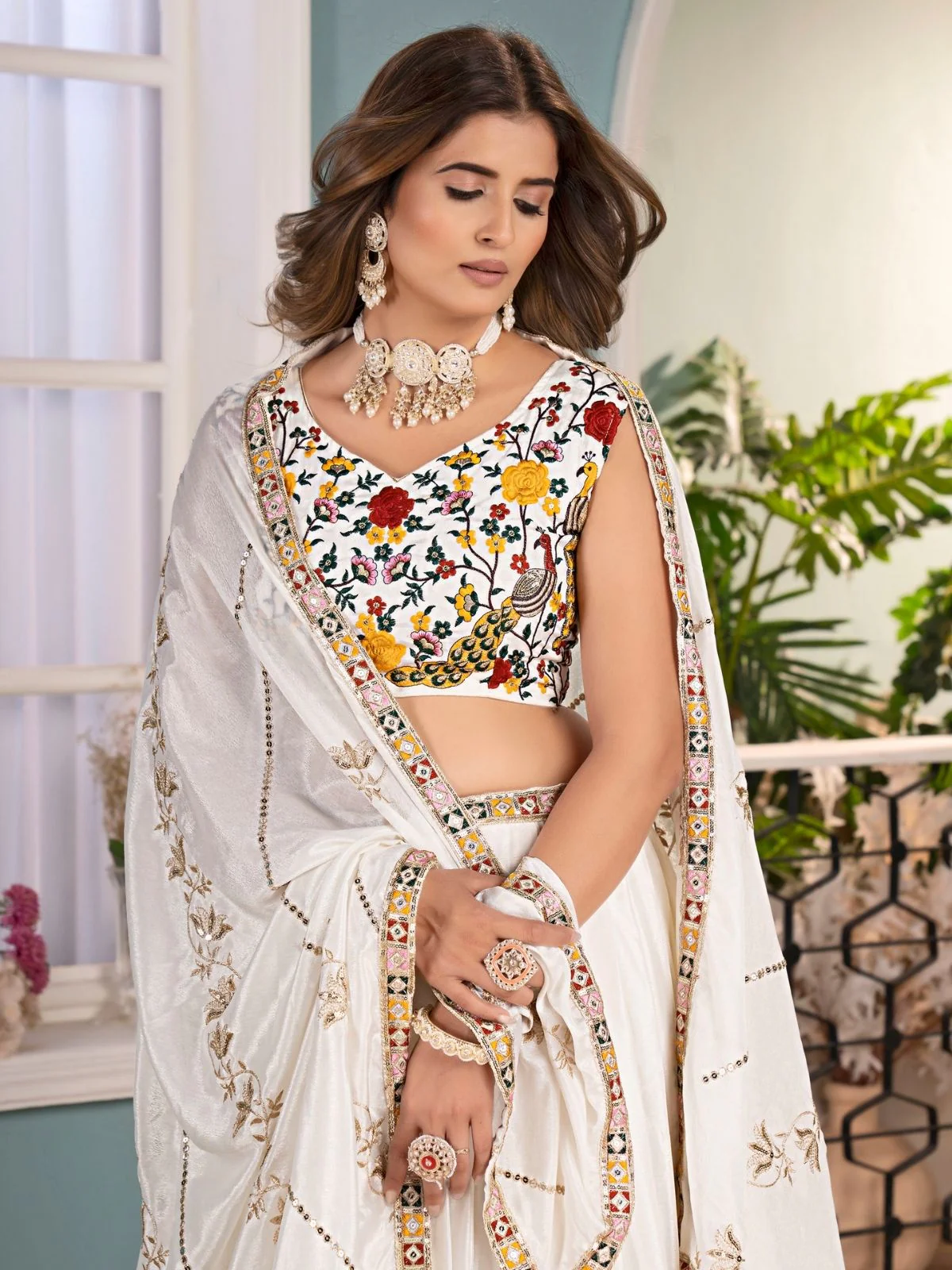 Odette White Chinon Embellished Semi Stitched Lehenga For Women - Image 4