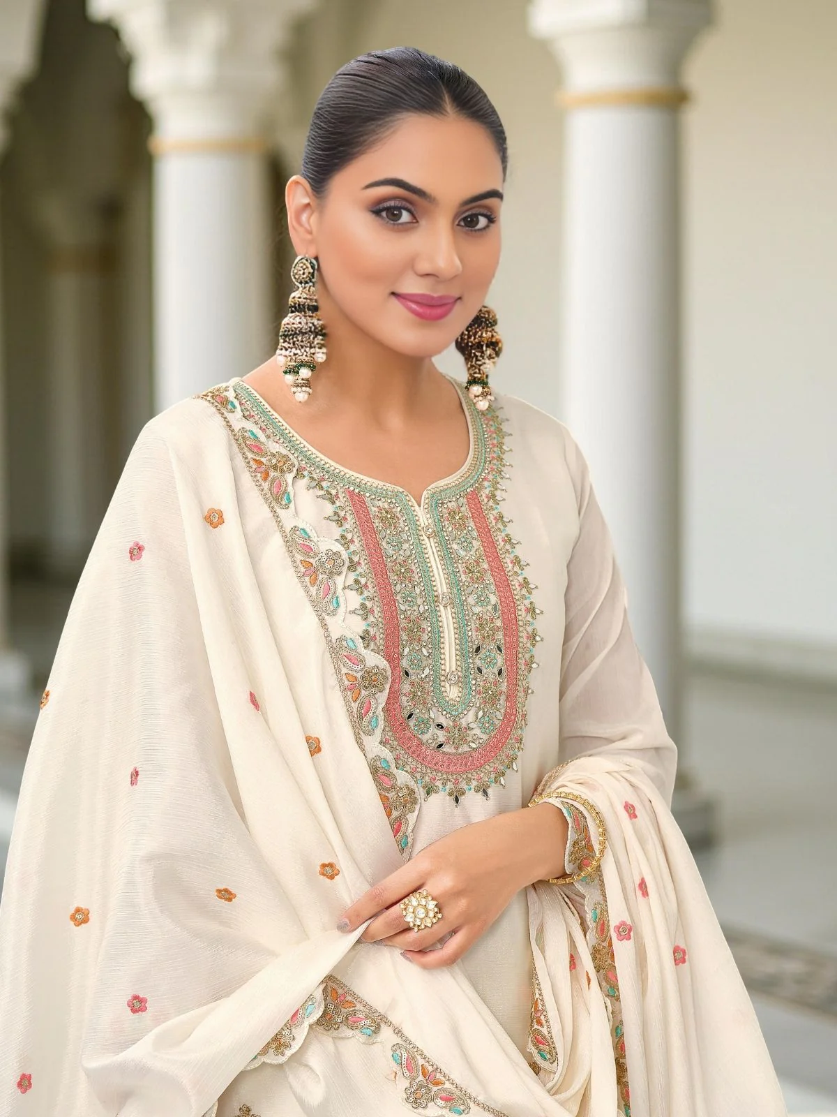 Odette White Chinon Embroidered Stitched Kurta Set For Women - Image 3