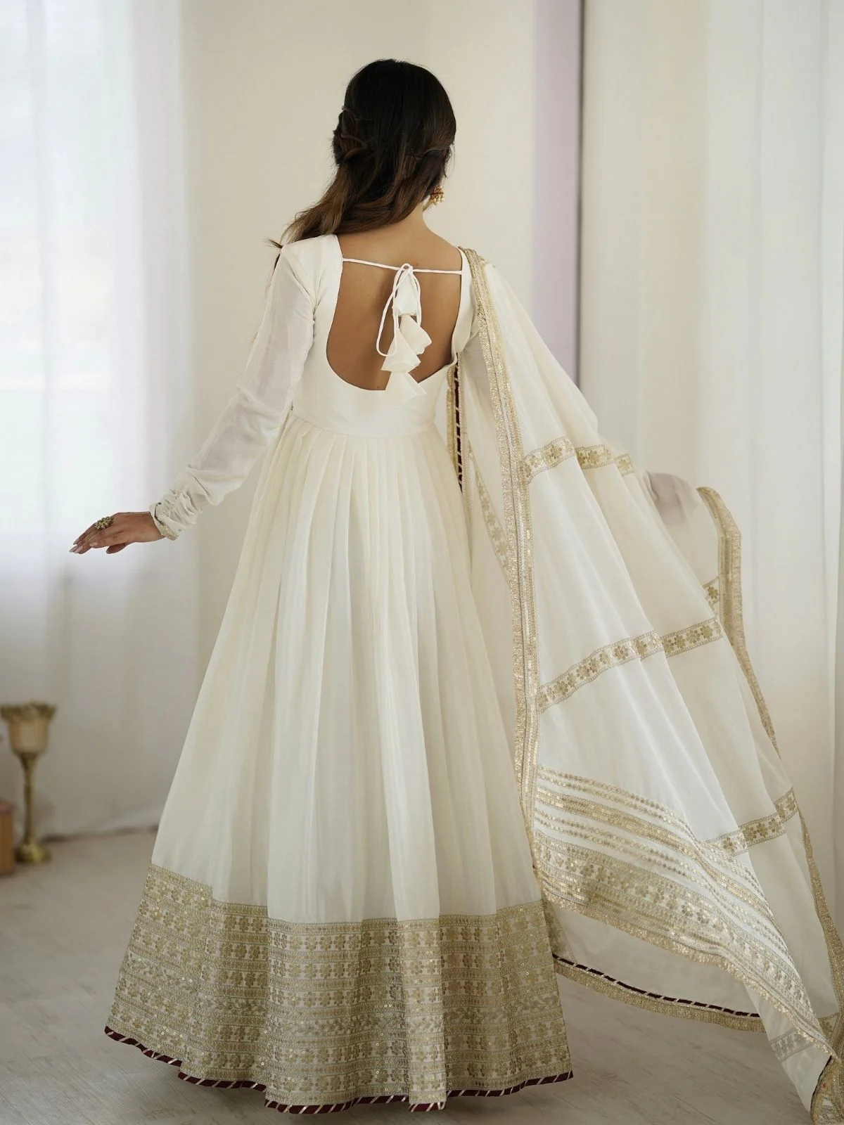 Odette White Chinon Silk Embroidered Stitched Kurta Set For Women - Image 3