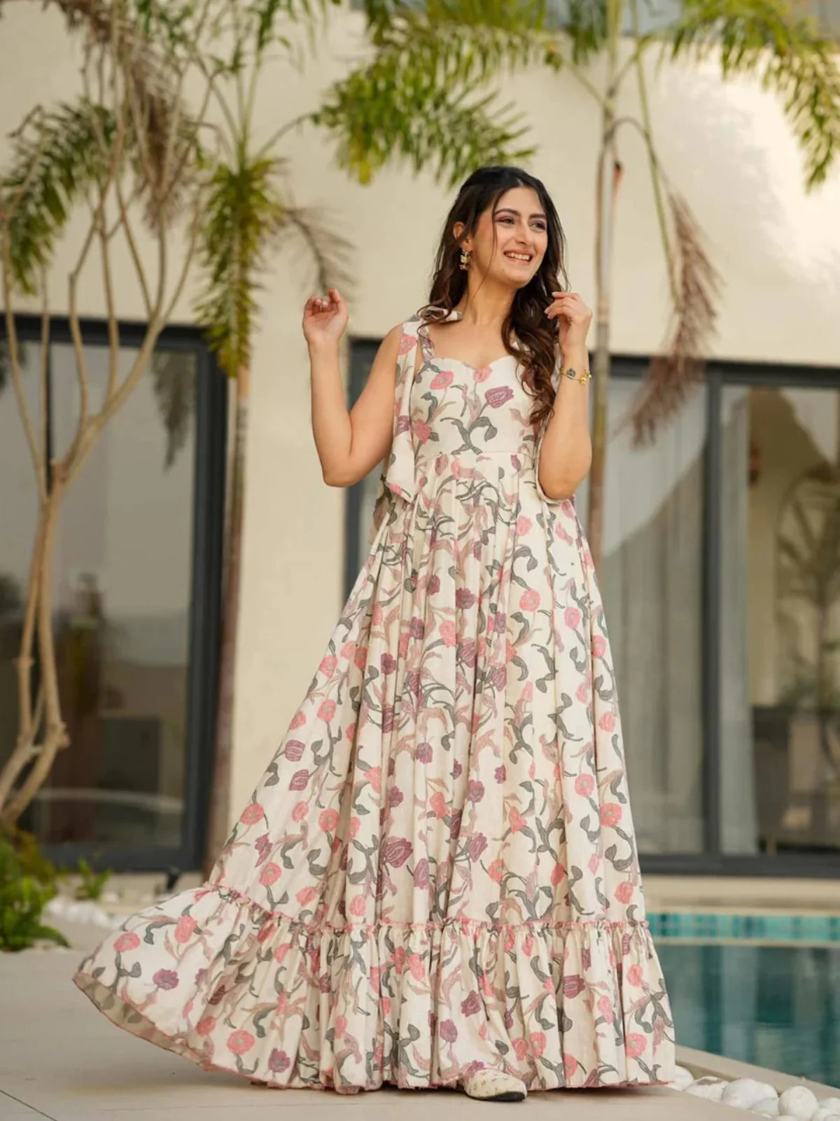 Odette White Cotton Blend Digital Floral Printed Stitched Gown For Women - Image 2