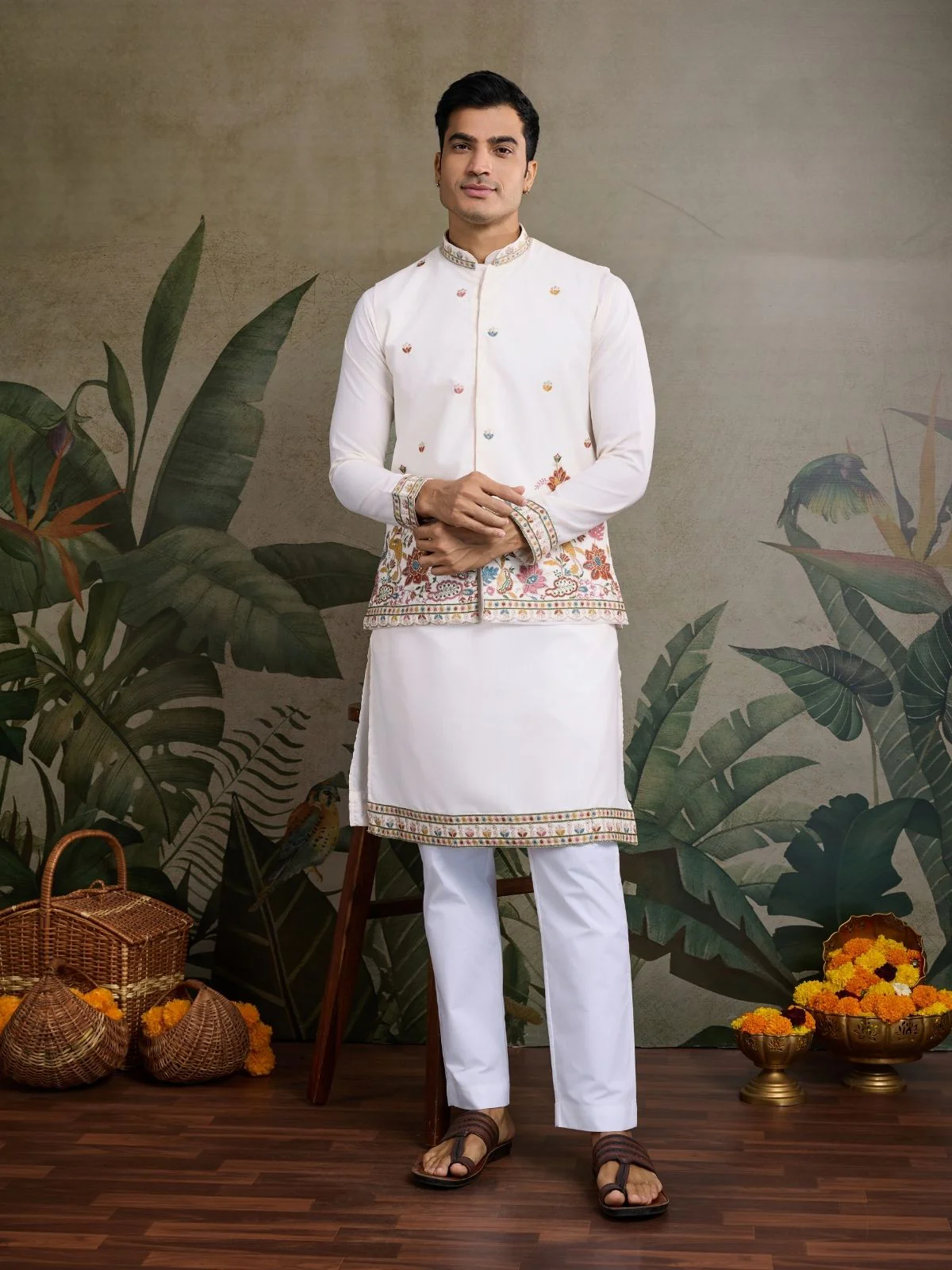 Odette White Cotton Blend Embroidered Stitched Kurta For Men - Image 2
