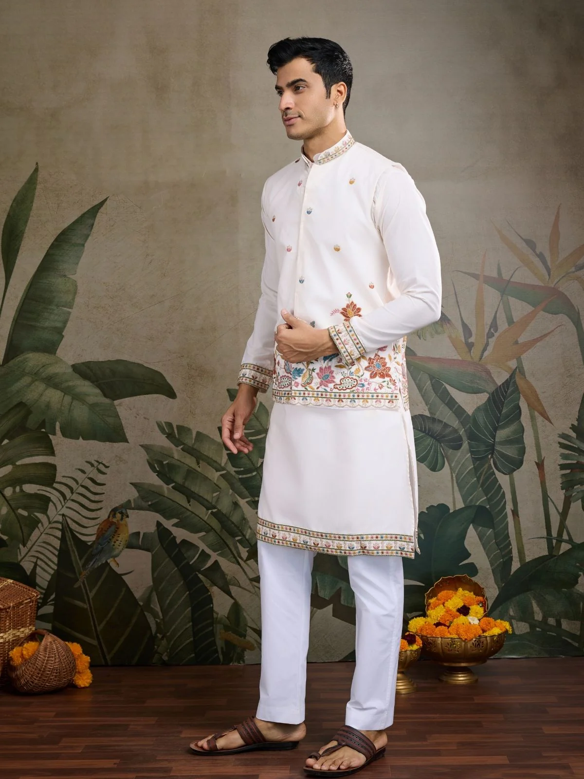 Odette White Cotton Blend Embroidered Stitched Kurta For Men - Image 3