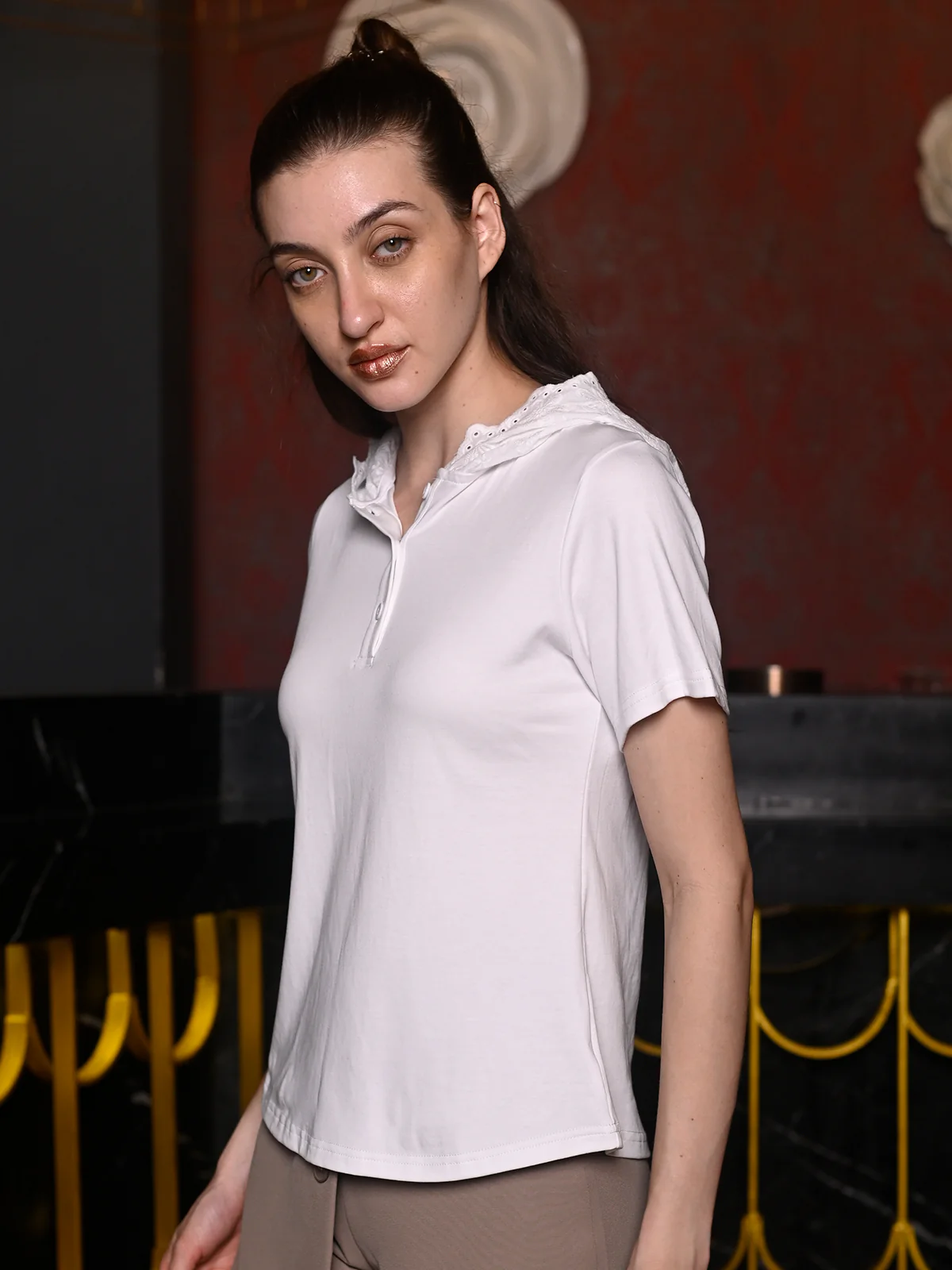 Odette White Cotton Blend Jersey Solid With Hakoba T-Shirt For Women - Image 4