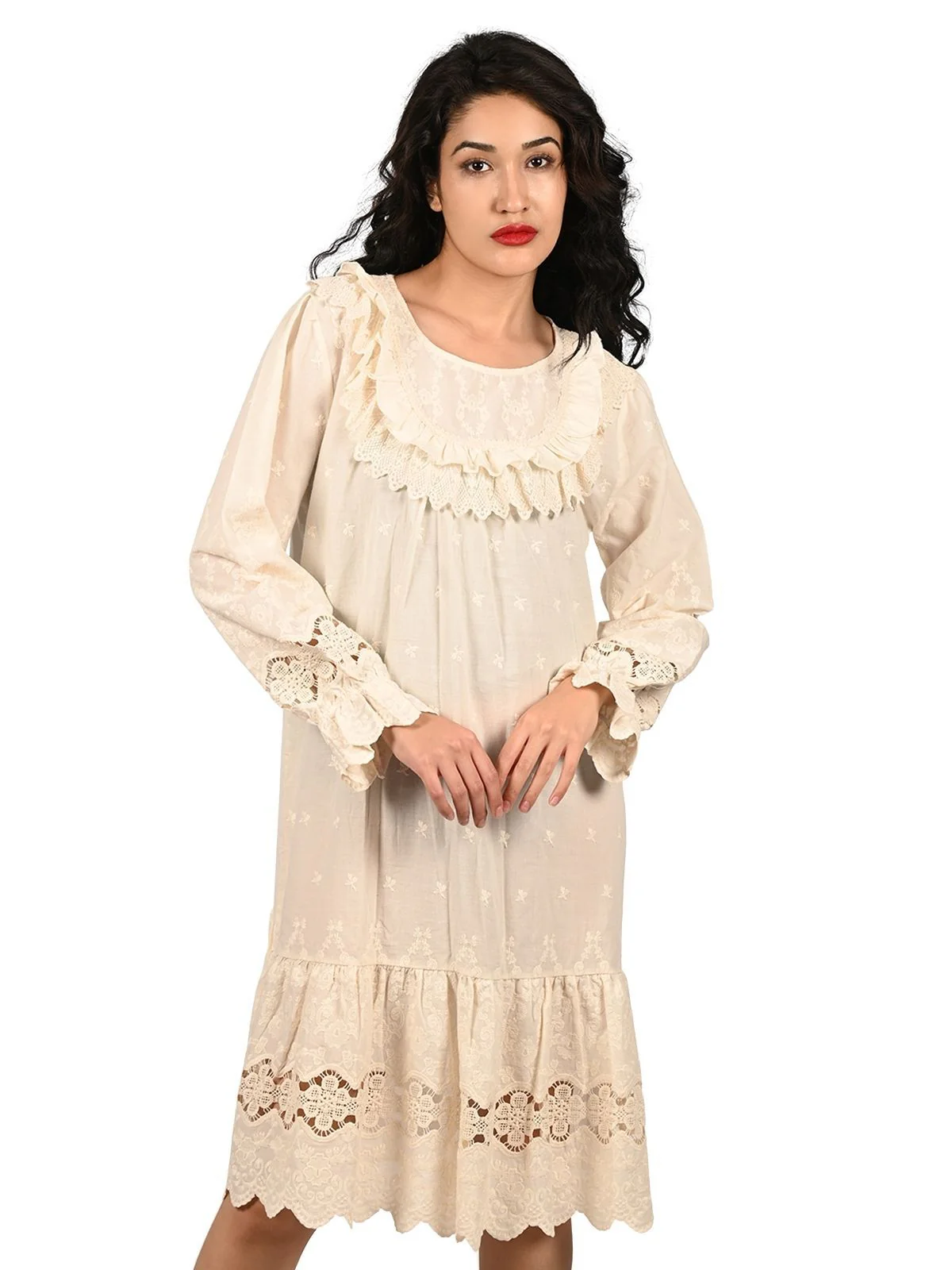 Odette White Cotton Blend Pleated Ruffle Dress For Women - Image 3