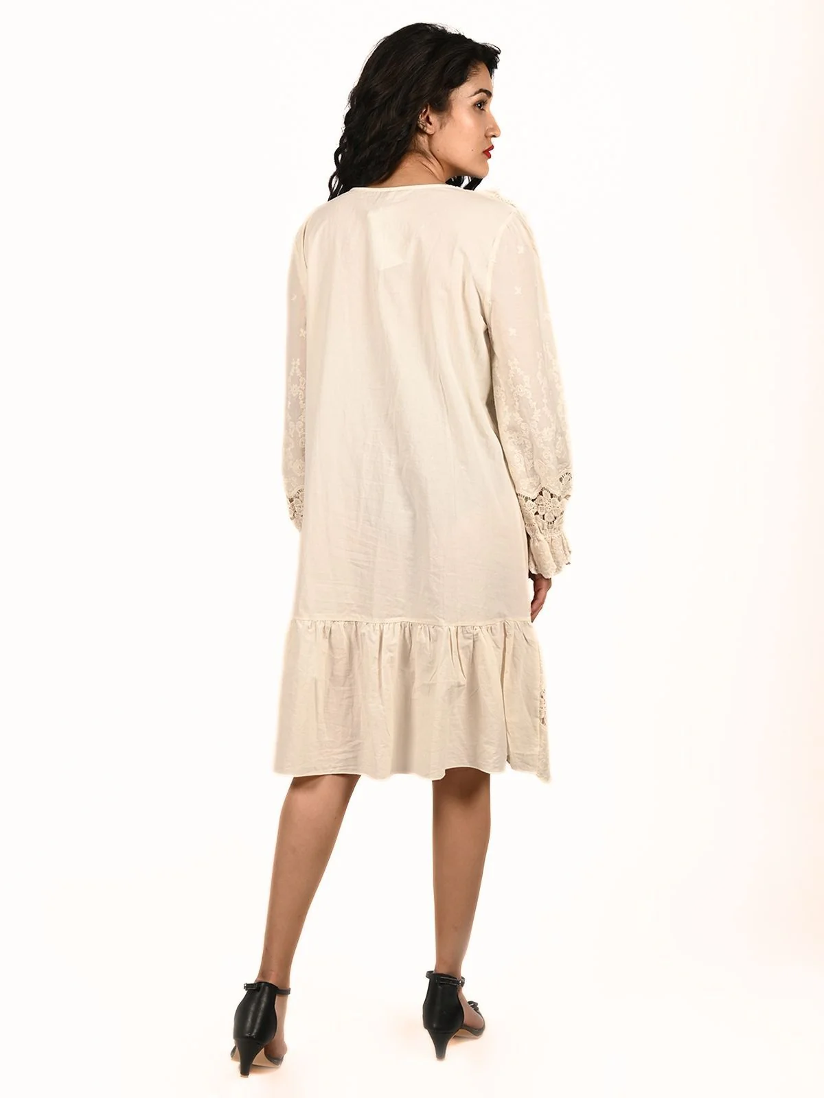Odette White Cotton Blend Pleated Ruffle Dress For Women - Image 4