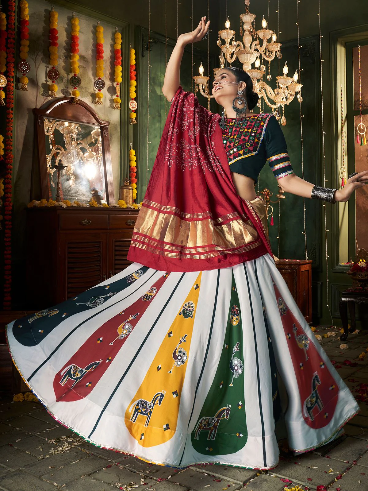 Odette Multicolor Cotton Blend Printed Stitched Lehenga With Blouse For Women - Image 2