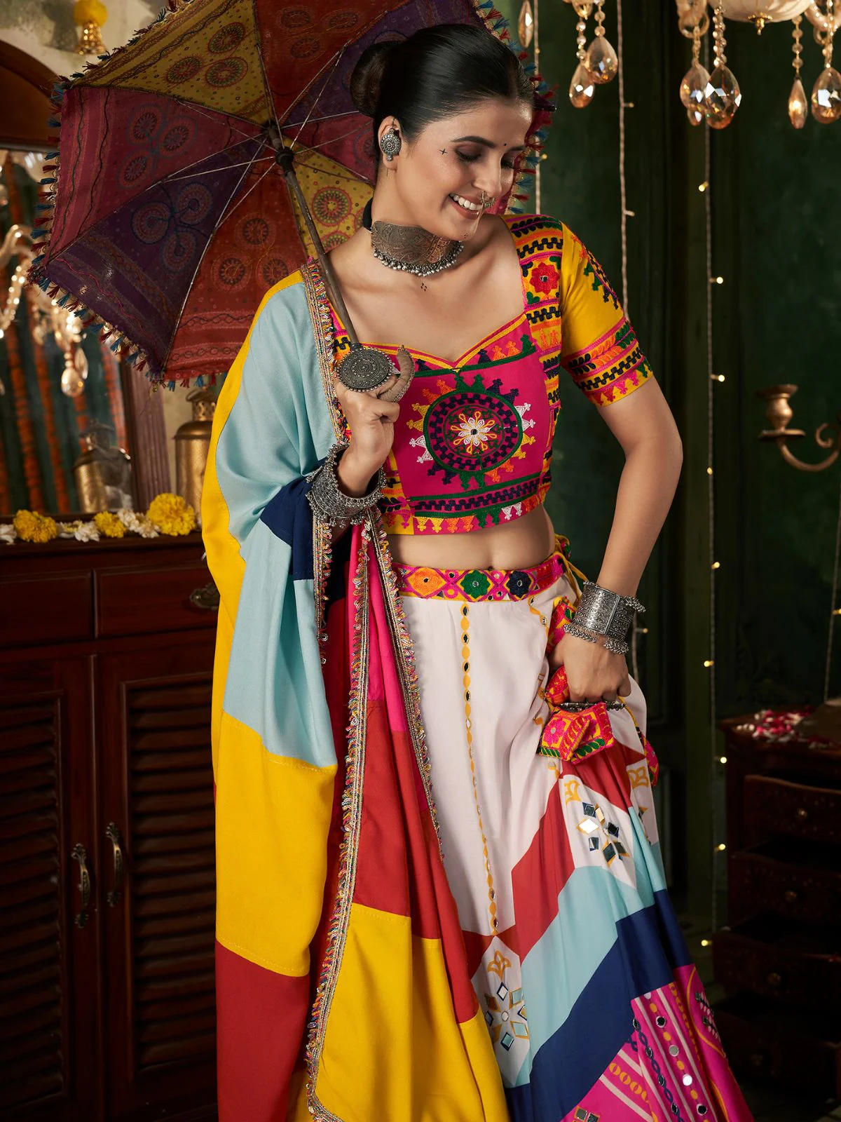 Odette Multicolor Cotton Blend Printed Stitched Lehenga With Blouse For Women - Image 6