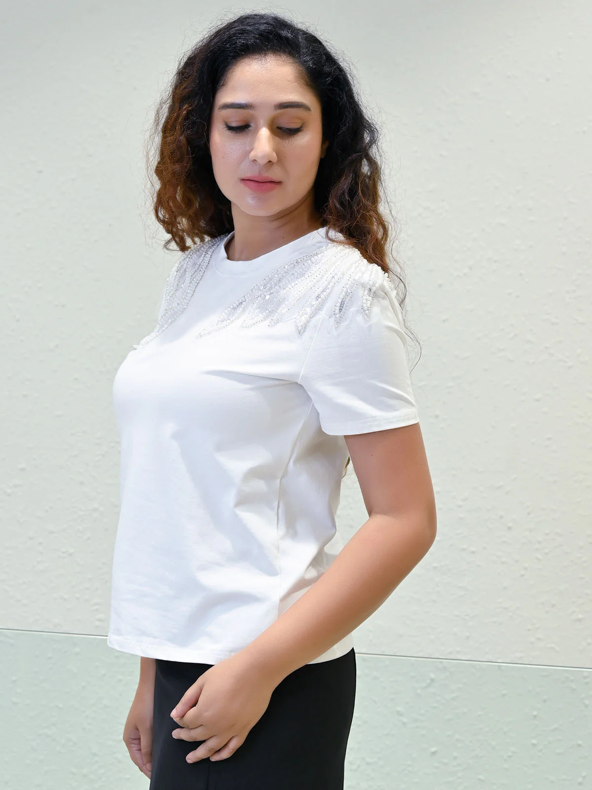 Odette White Cotton Blend Solid Top For Women - Image 2