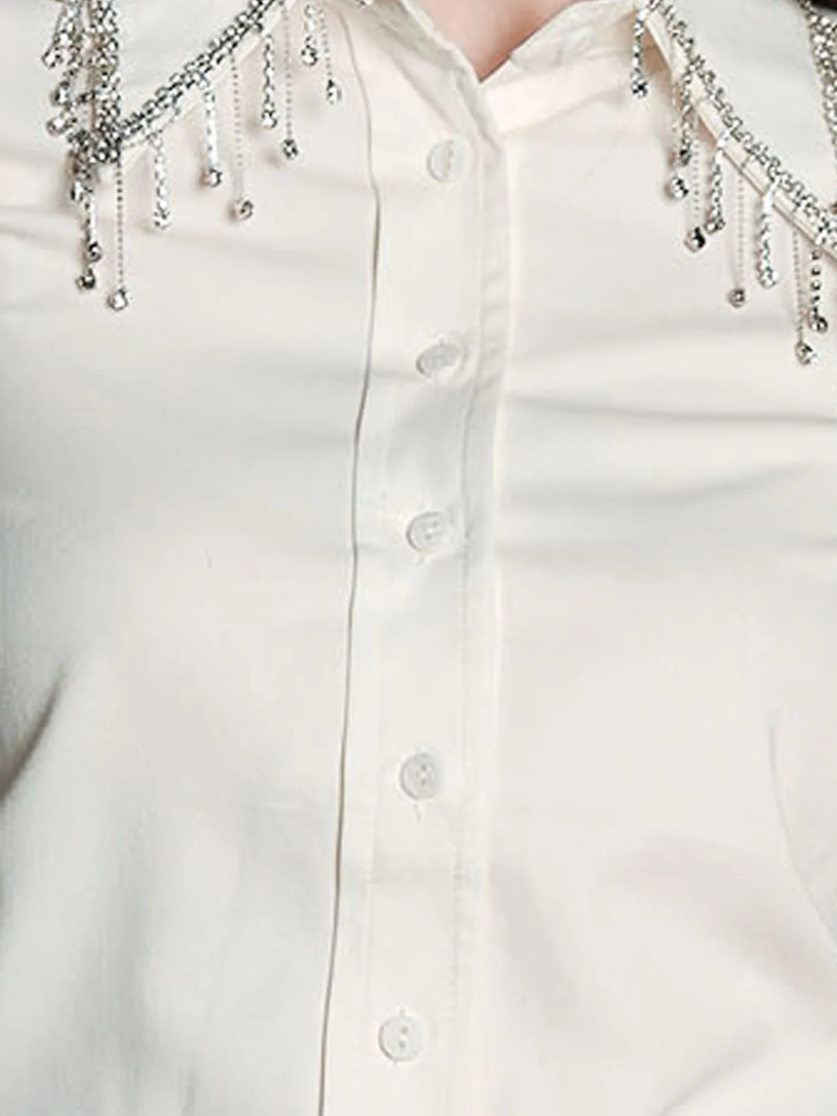 Odette White Cotton Blend Solid Top For Women - Image 4