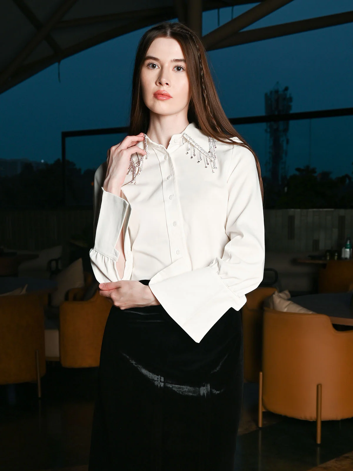 Odette White Cotton Blend Solid Top For Women - Image 5