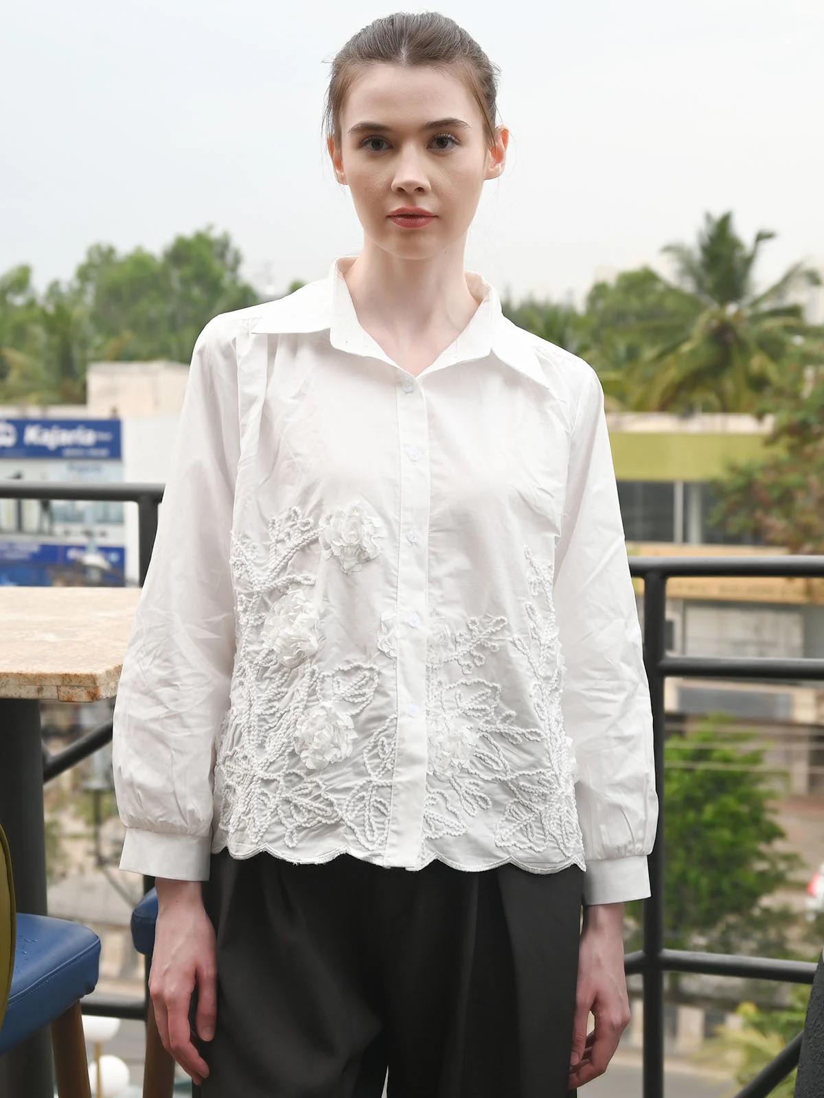 Odette White Cotton Blend Solid Top For Women - Image 2