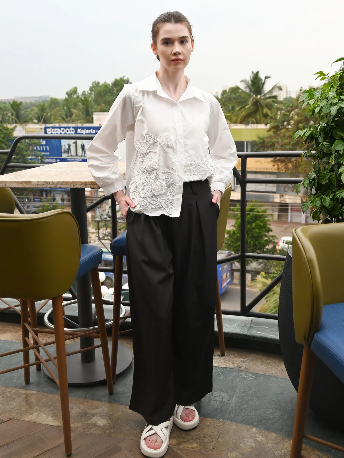 Odette White Cotton Blend Solid Top For Women - Image 6