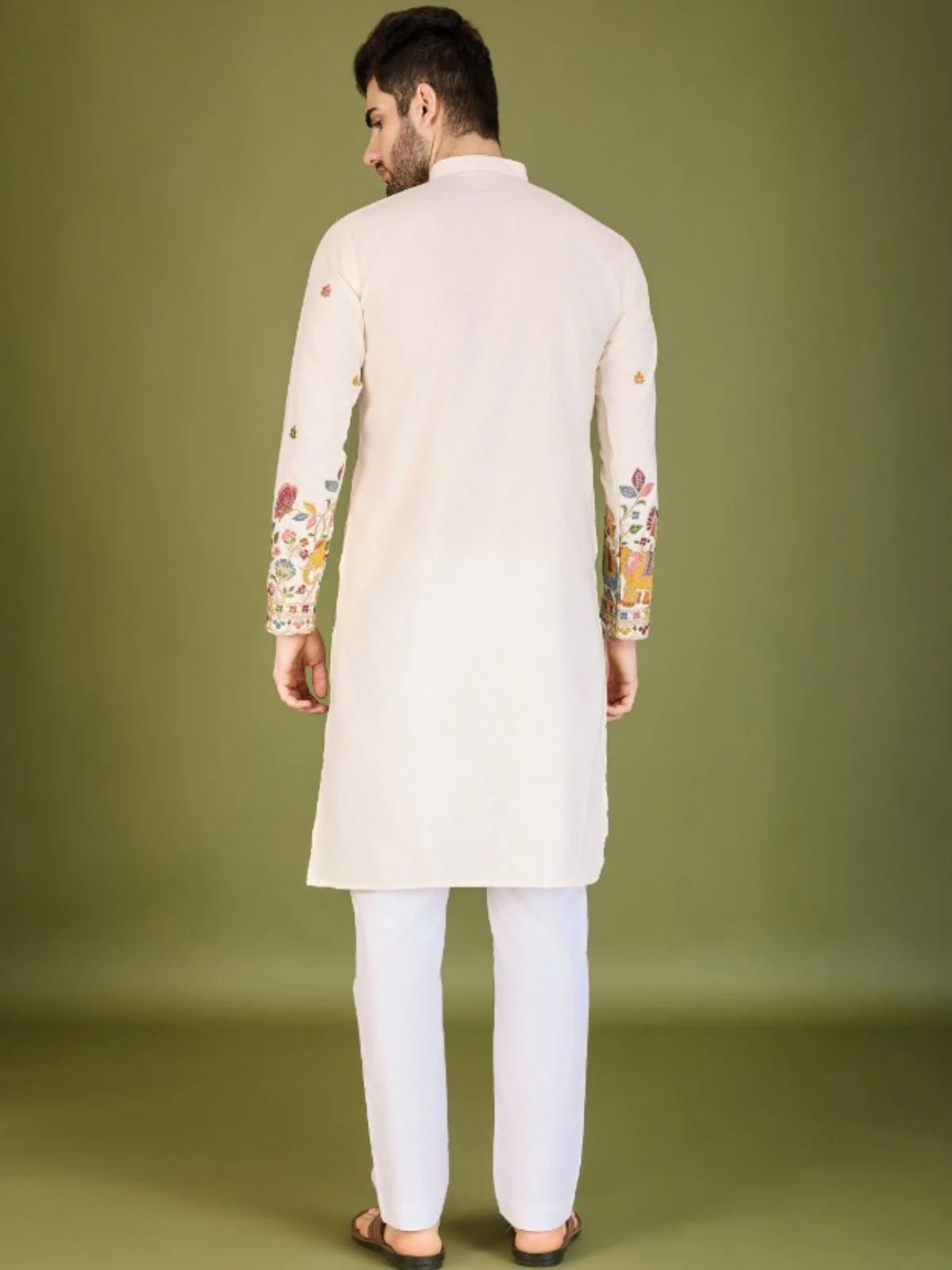 Odette White Cotton Embroidered Stitched Kurta For Men - Image 4