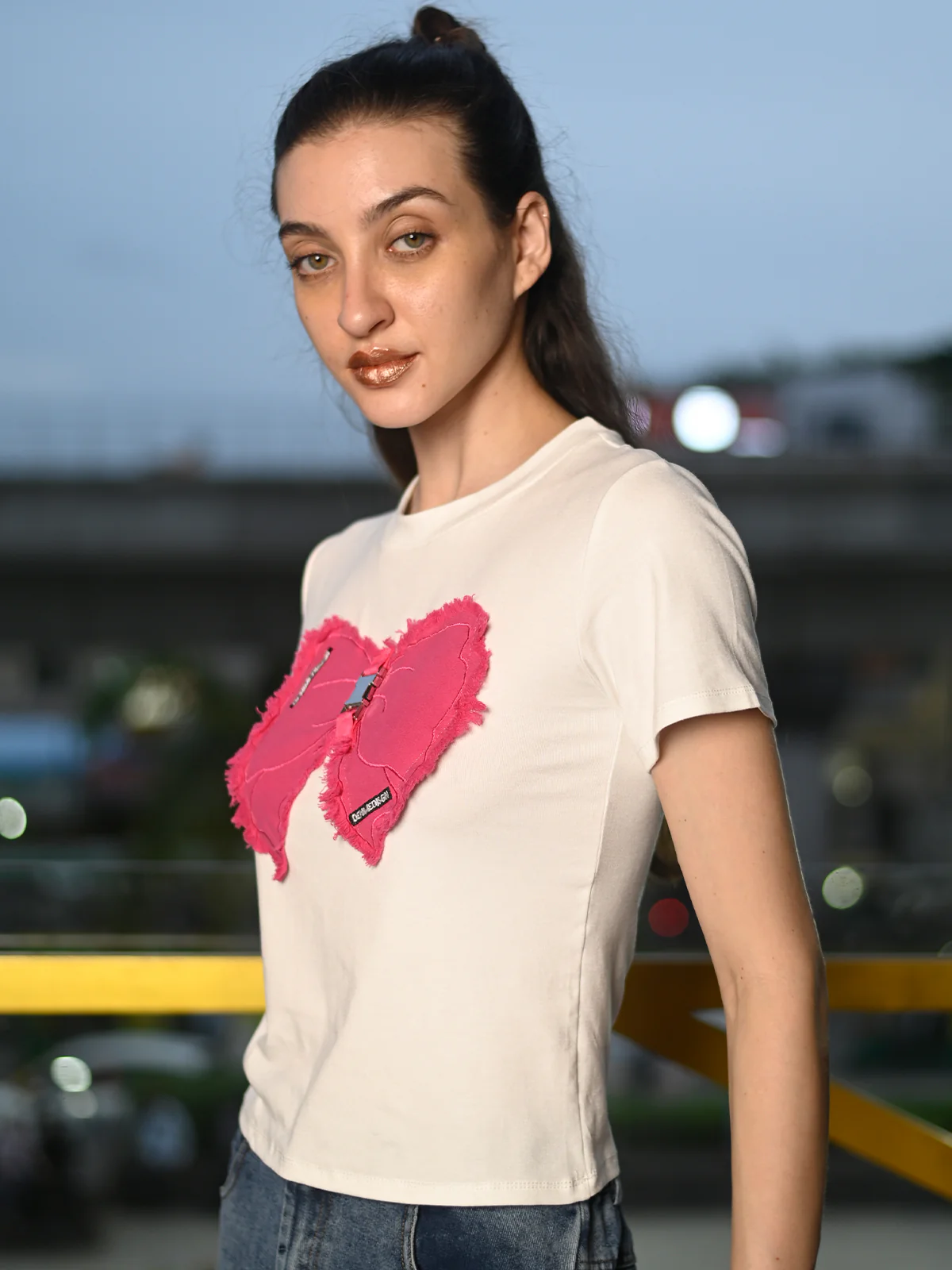 Odette White Cotton Jersey Embellished T-Shirt For Women - Image 3