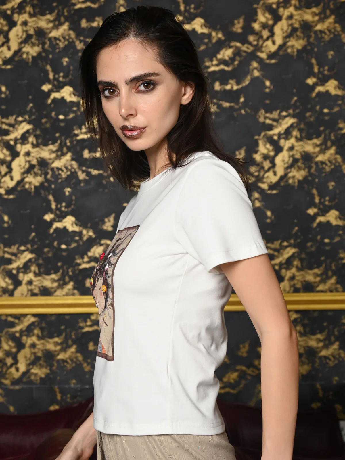 Odette White Cotton Jersey Embellished T-Shirt For Women - Image 3