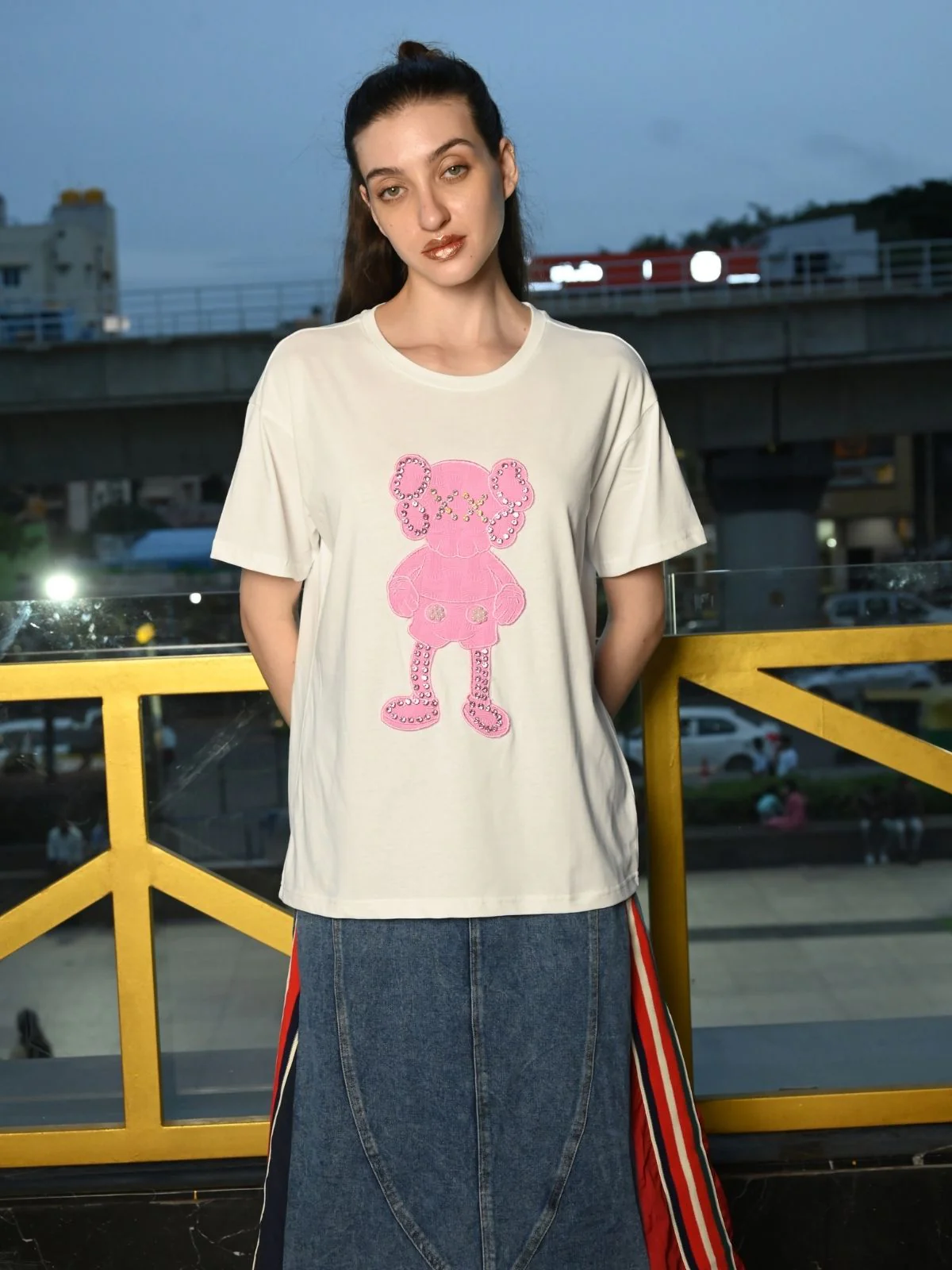 Odette White Cotton Jersey Embellished T-Shirt For Women - Image 3