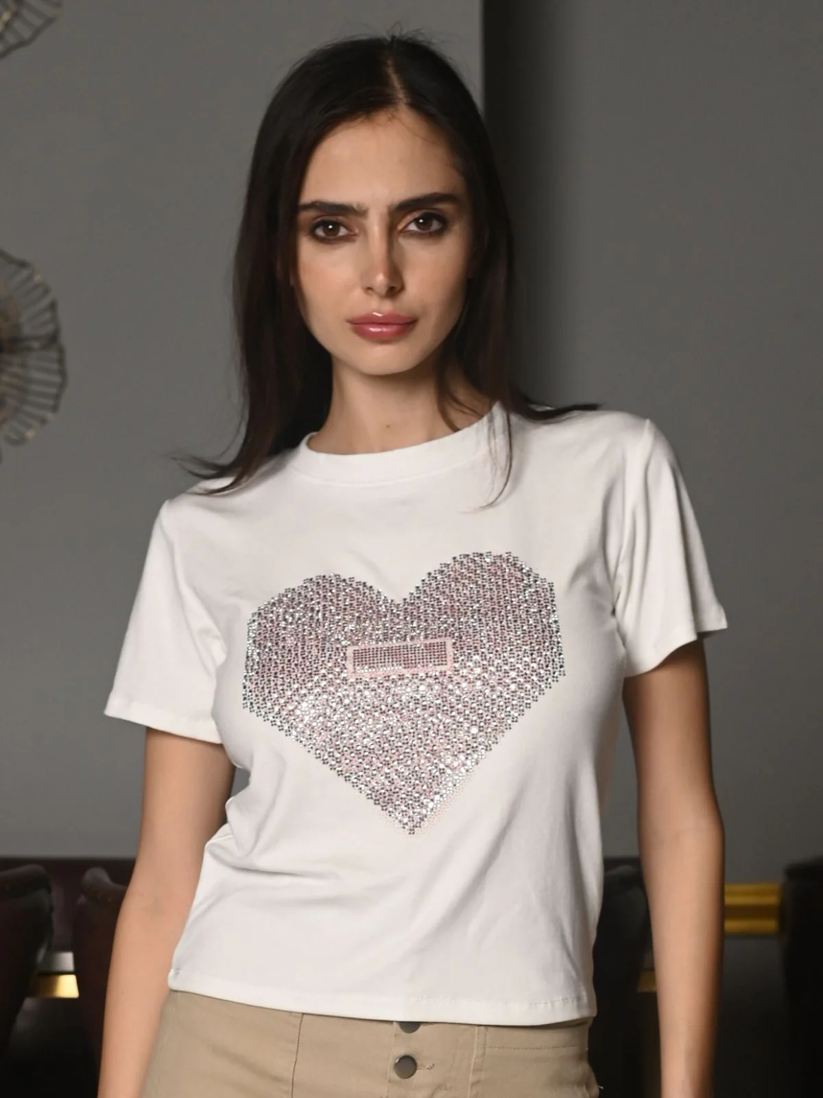 Odette White Cotton Jersey Embellished T-Shirt For Women - Image 3