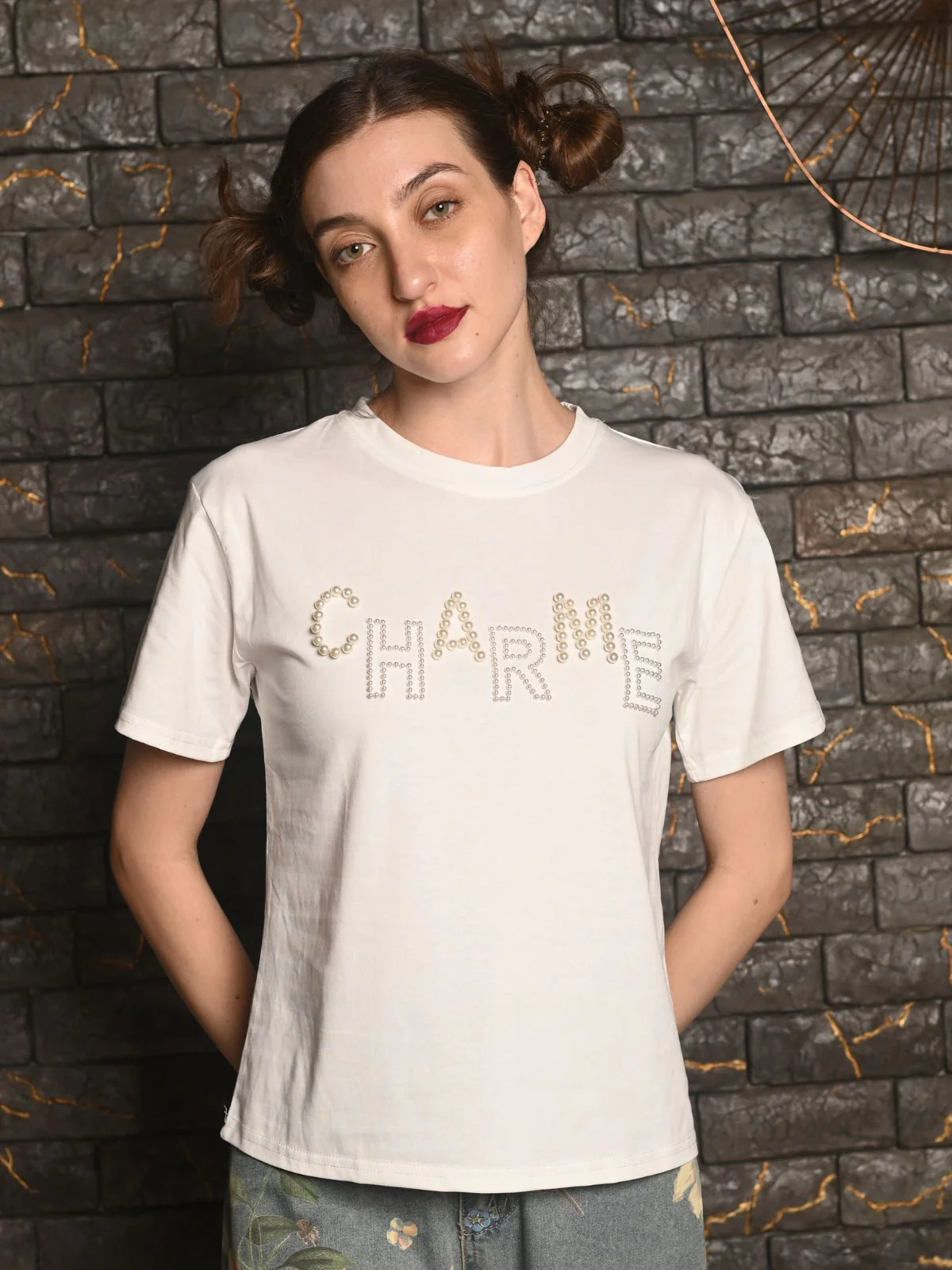 Odette White Cotton Jersey Embroidered T-Shirt For Women - Image 3