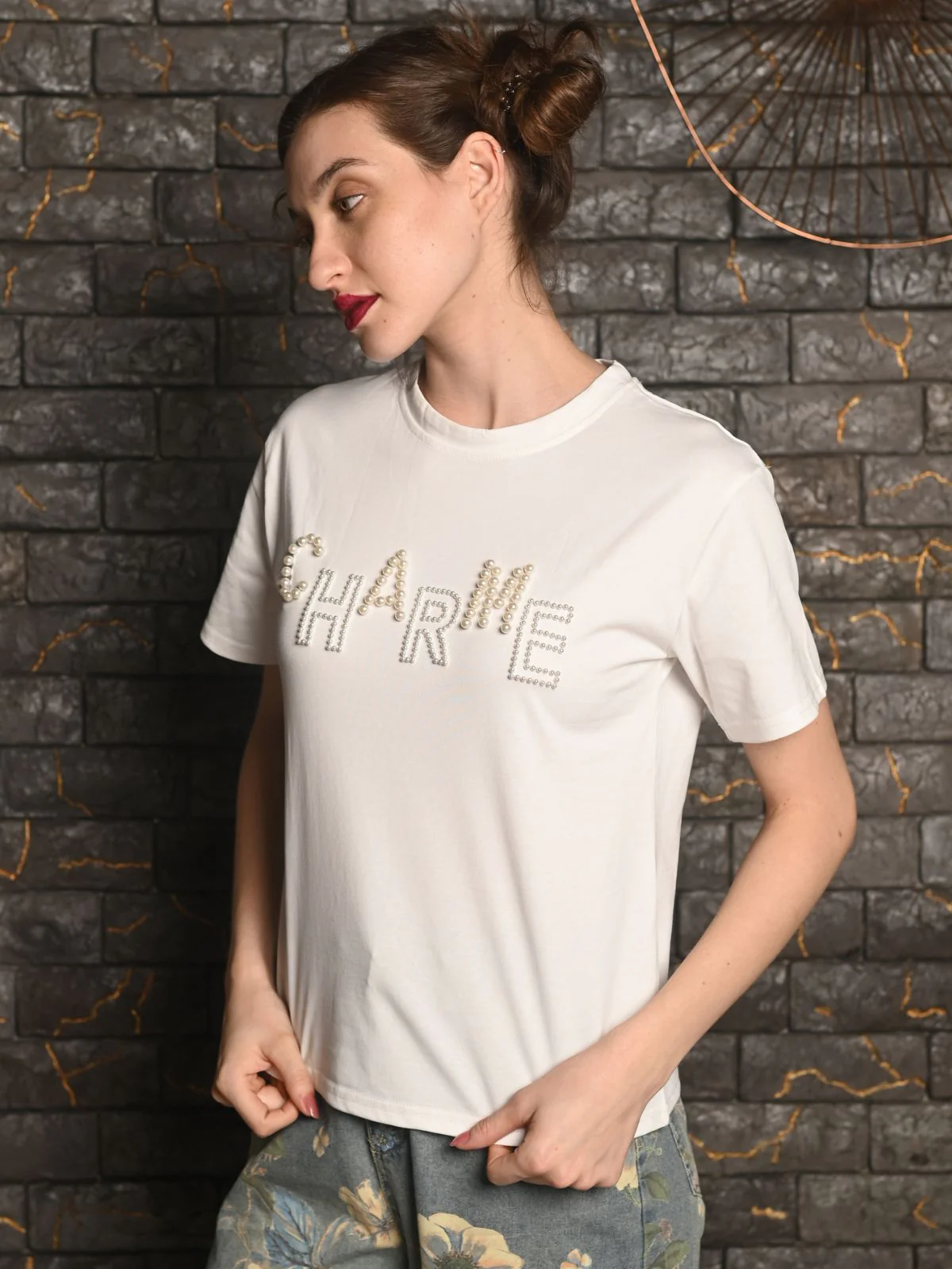 Odette White Cotton Jersey Embroidered T-Shirt For Women - Image 4