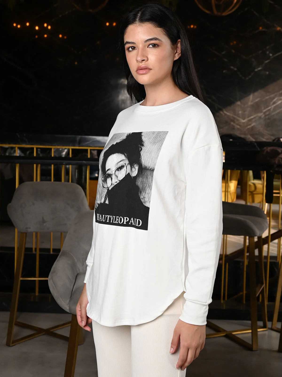 Odette White Cotton Jersey Printed Top For Women - Image 3