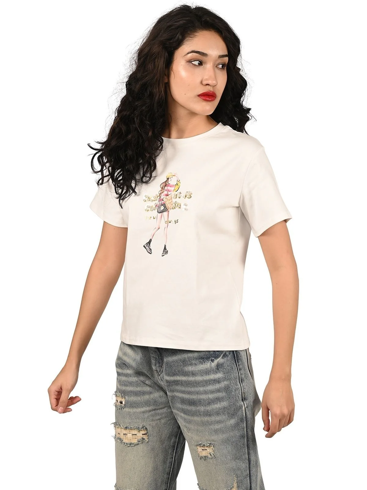 Odette White Cotton Knitted Printed Top For Women - Image 2