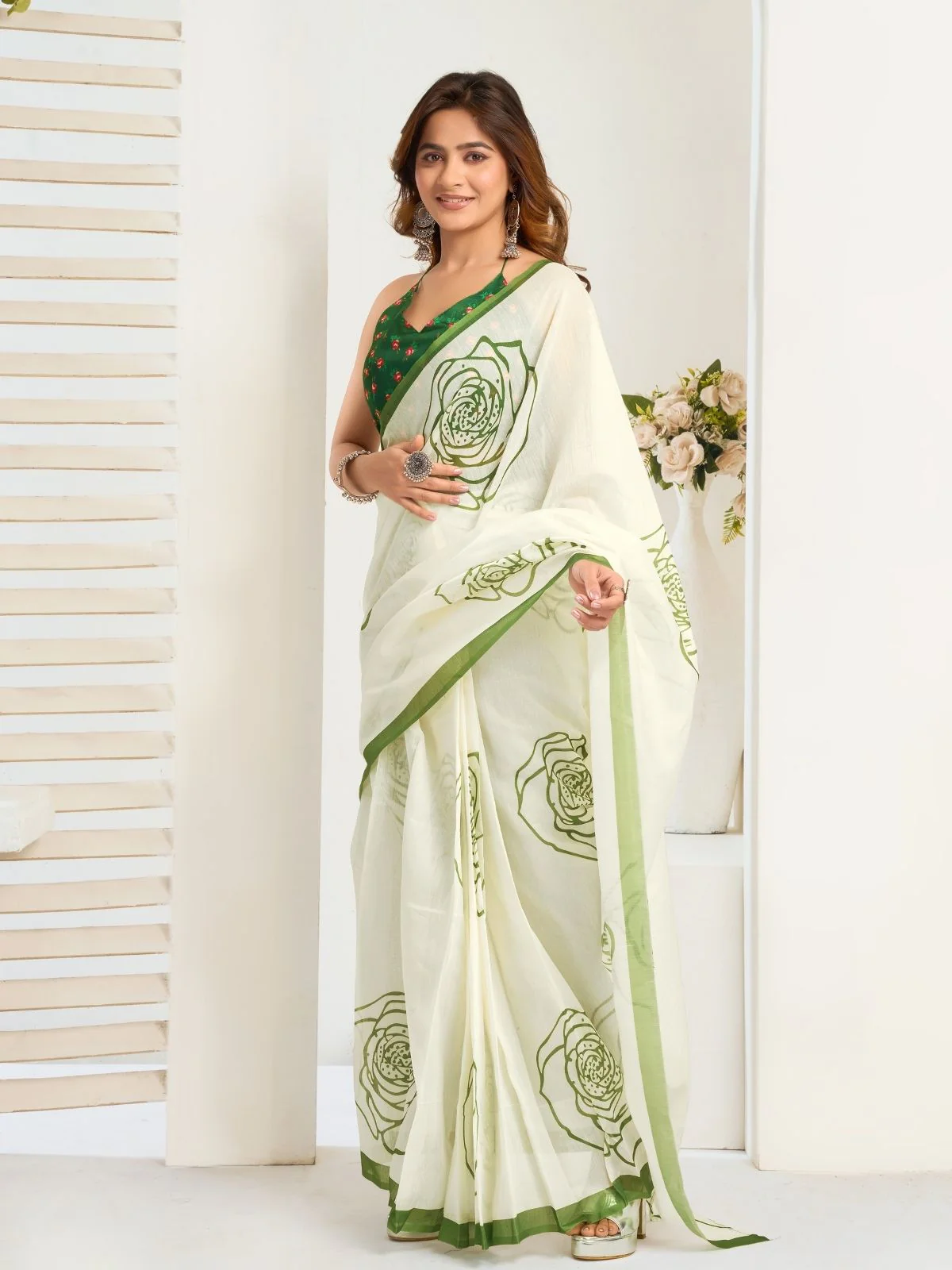 Odette White Cotton Linen Zari Work Saree For Women - Image 3