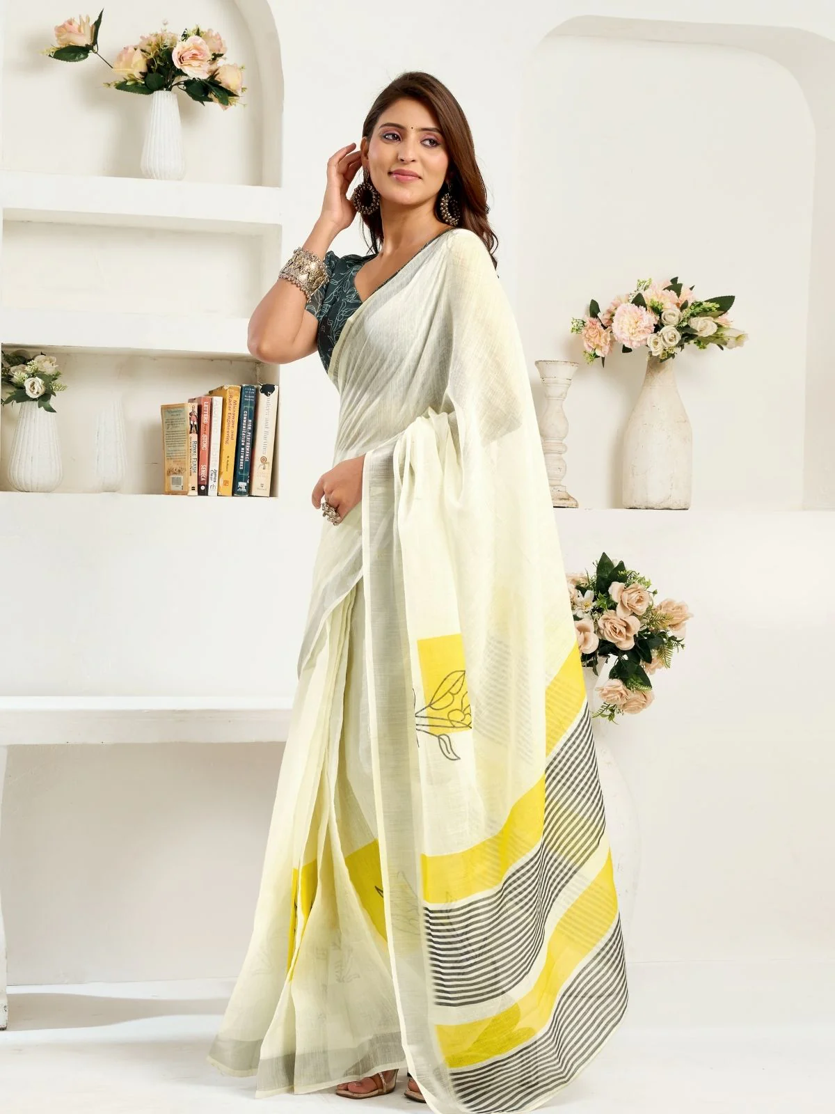 Odette White Cotton Linen Zari Work Saree For Women - Image 2