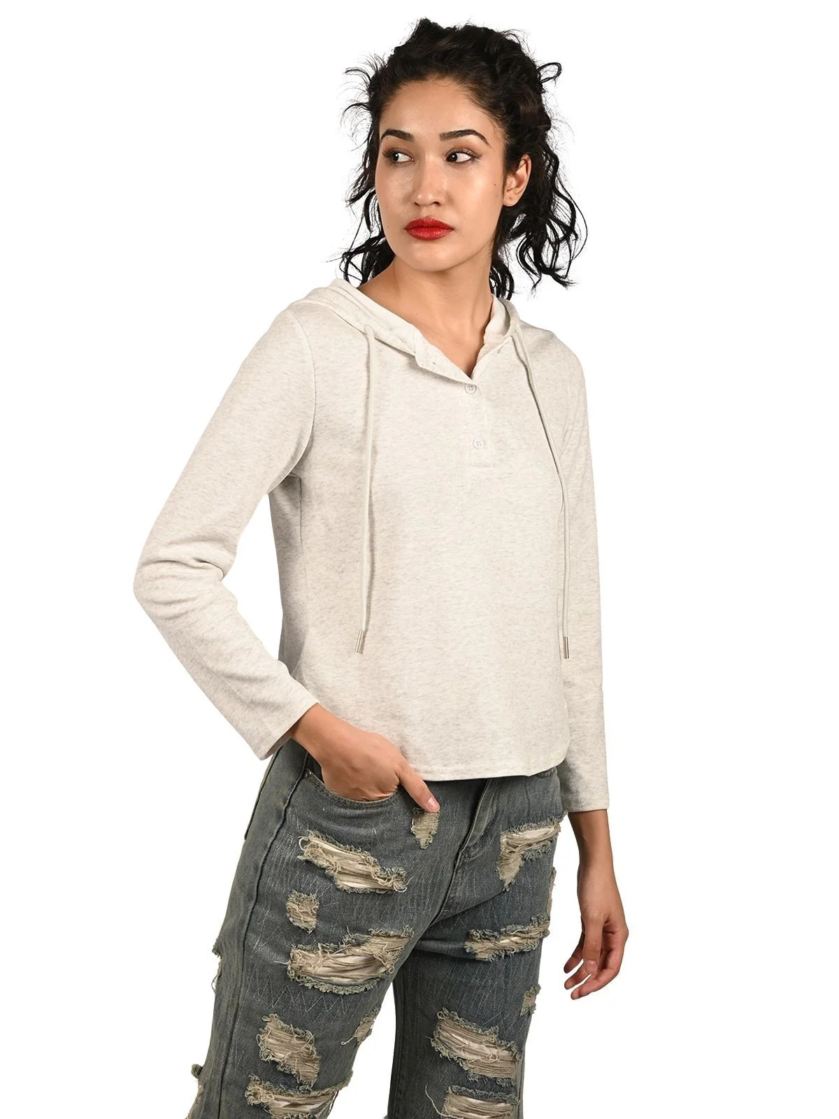 Odette White Cotton Lycra Solid Top For Women - Image 3