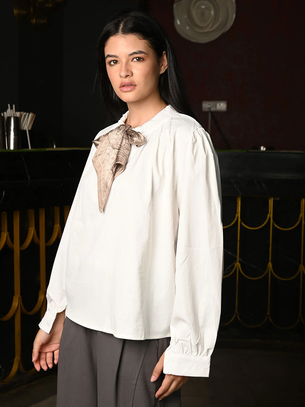 Odette White Cotton Patterned Top With Scarf For Women - Image 3