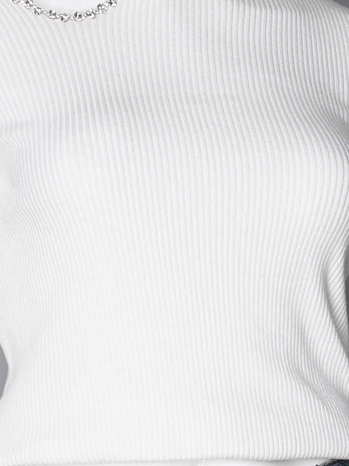 Odette White Cotton Rib Embellished Top For Women - Image 4