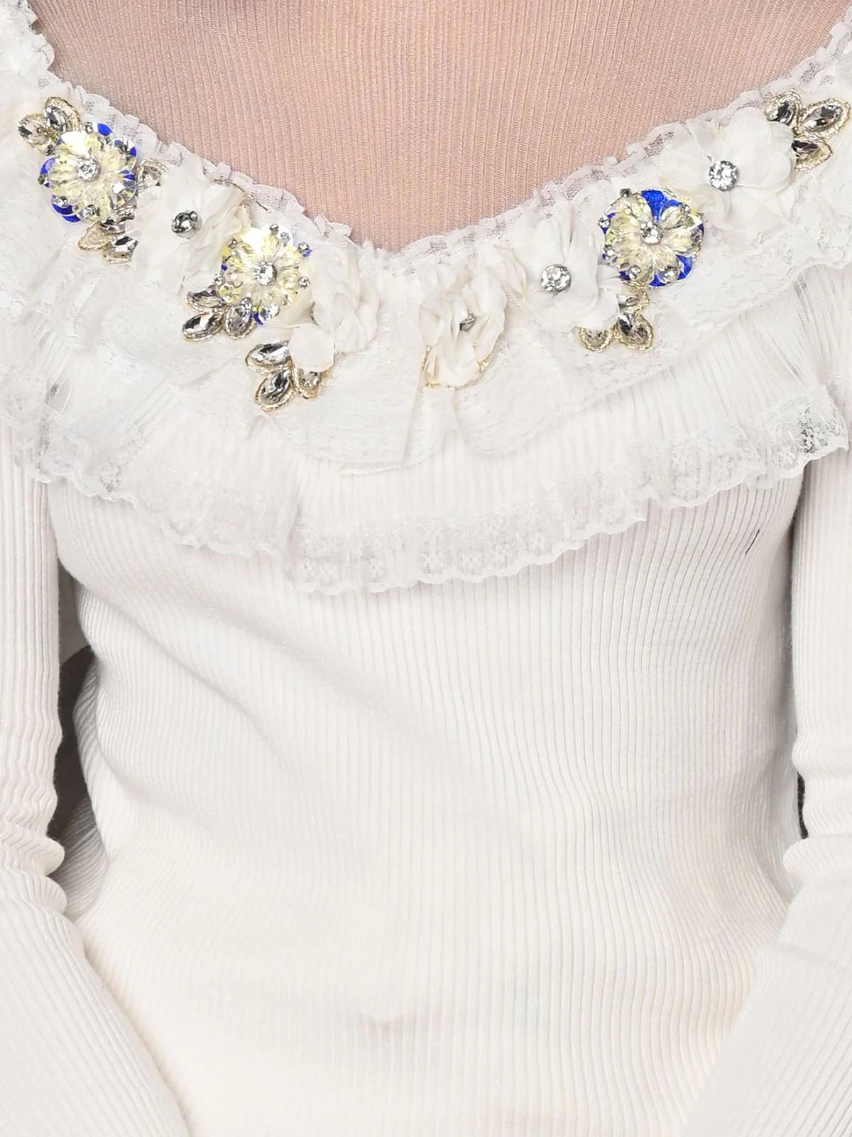 Odette White Cotton Rib Ruffled Full Sleeves Top For Women - Image 5