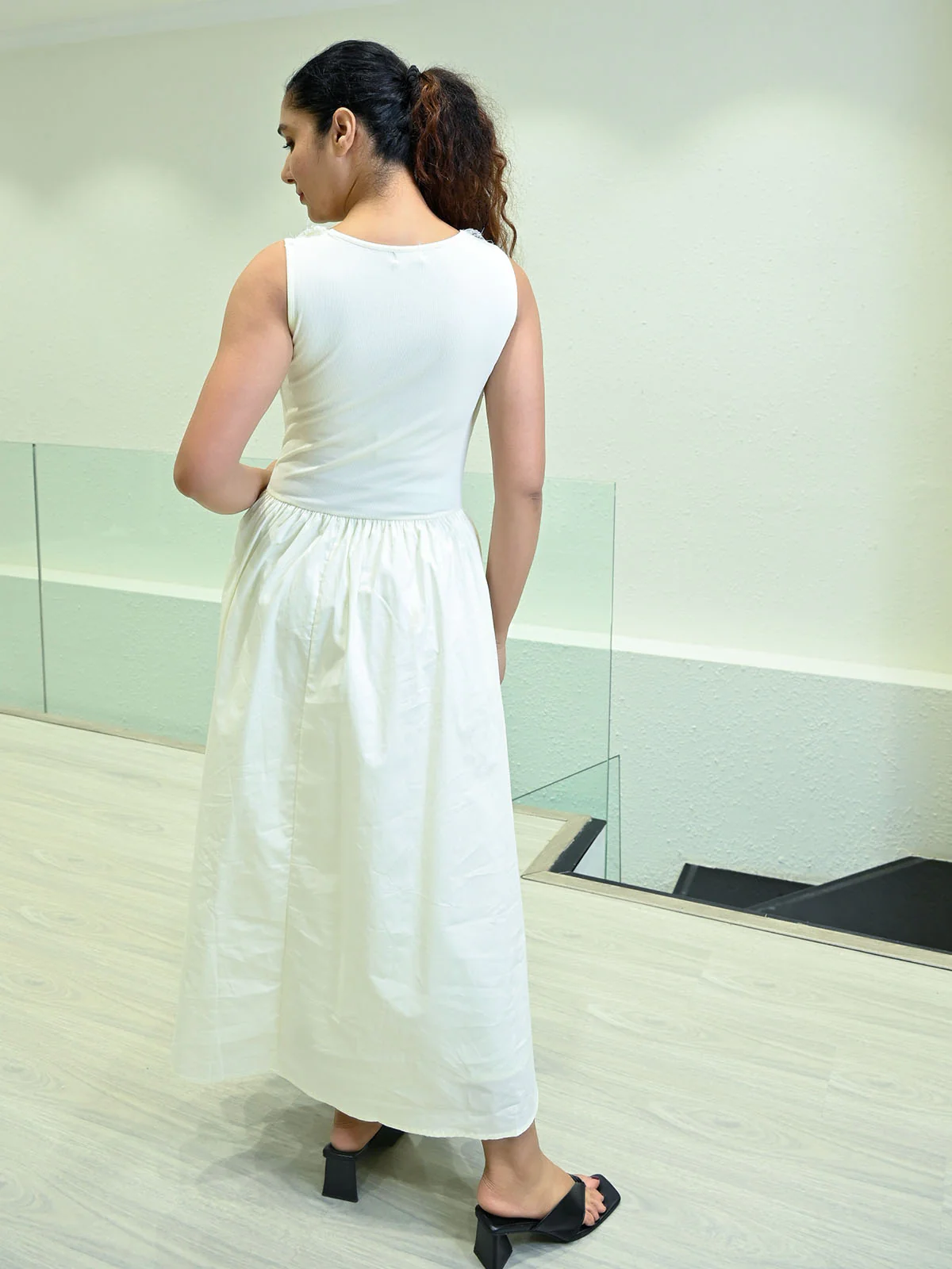Odette White Cotton Rib Solid Dress For Women - Image 3