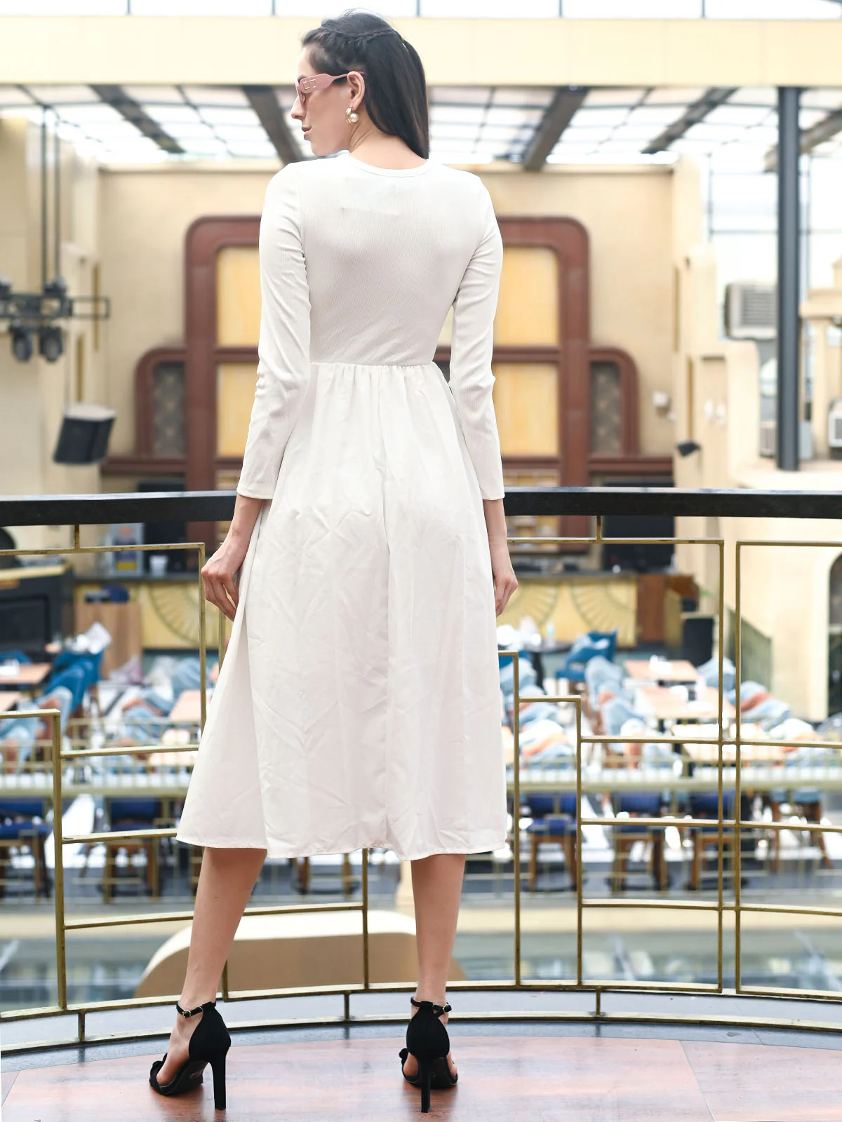 Odette White Cotton Rib Solid Dress For Women - Image 4