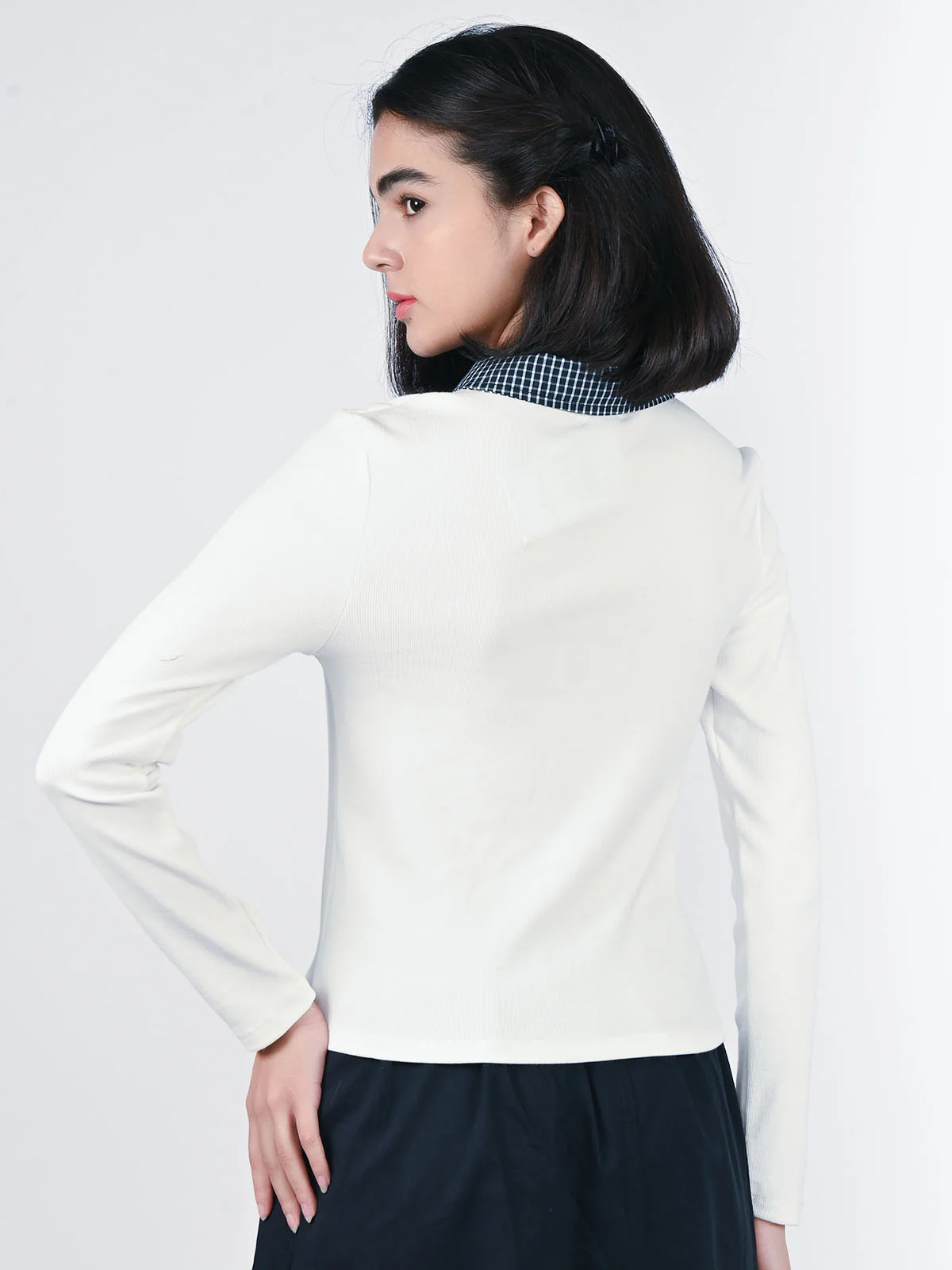 Odette White Cotton Rib Solid Top For Women - Image 4