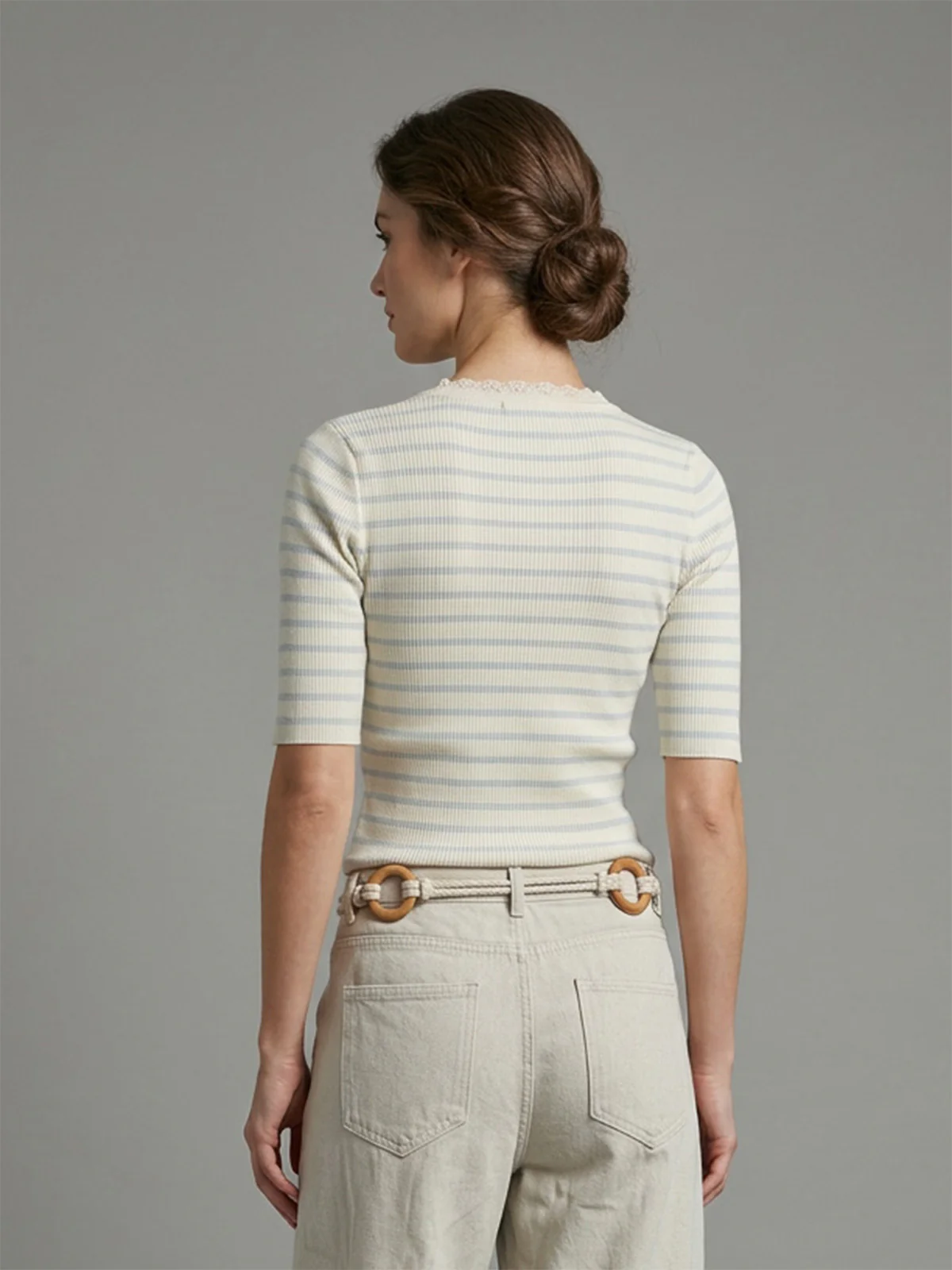 Odette White and Blue Cotton Rib Striped Top For Women - Image 3