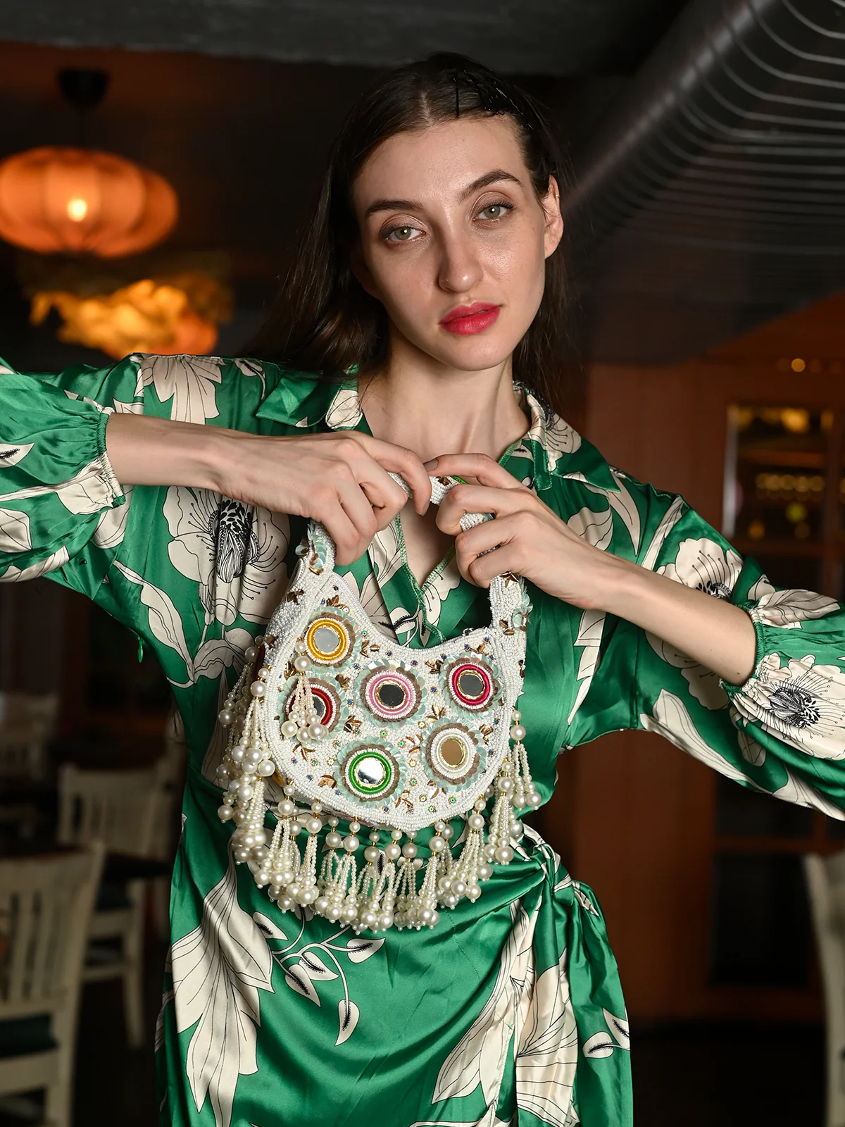 Odette White Cutdana Embroidered Clutch For Women - Image 2