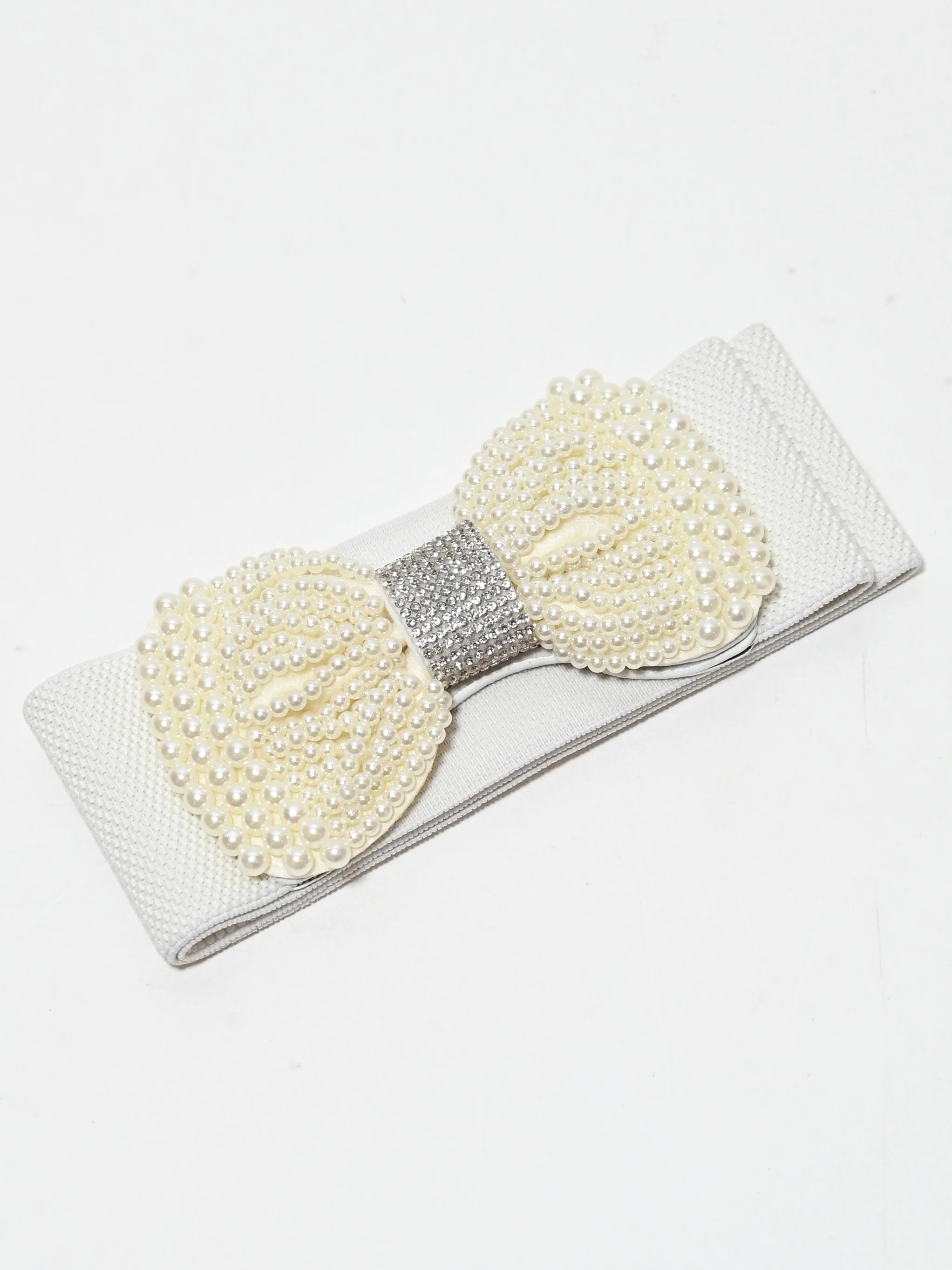 Odette White Elastic Pearl Belt For Women - Image 2