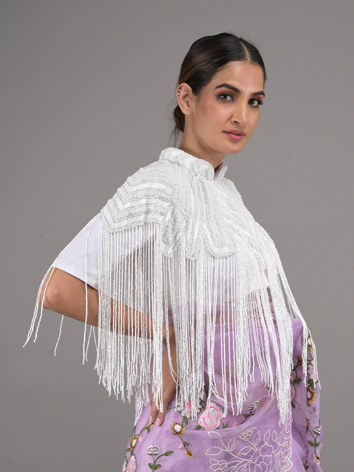 Odette White Embellished Tassels Cape for Women - Image 2