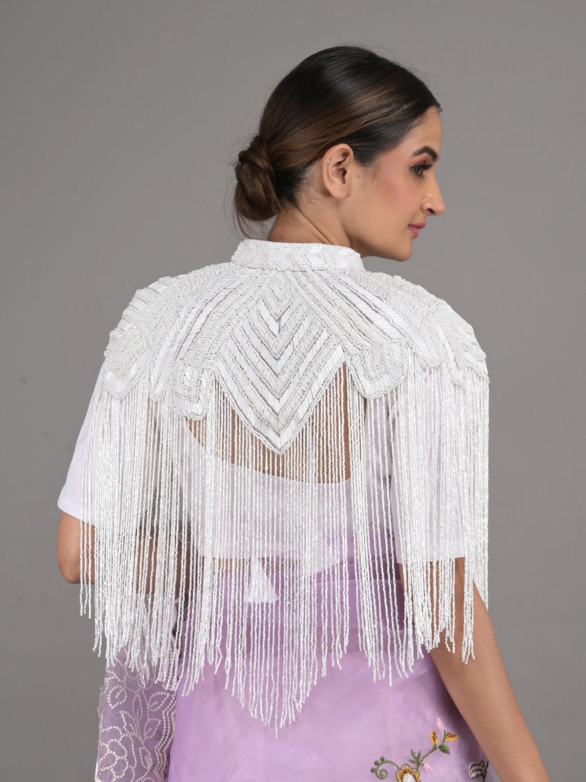 Odette White Embellished Tassels Cape for Women - Image 3