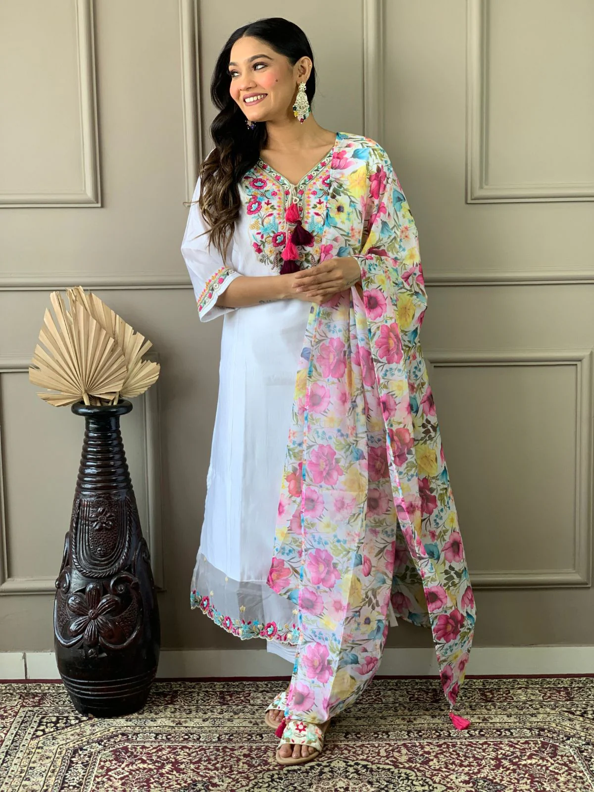 Odette White Embroidered Chanderi Silk Stitched Kurta Salwar Set For Women - Image 2