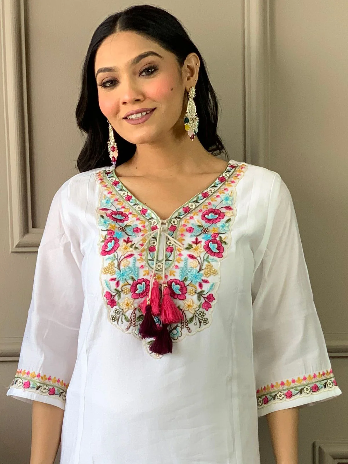 Odette White Embroidered Chanderi Silk Stitched Kurta Salwar Set For Women - Image 3