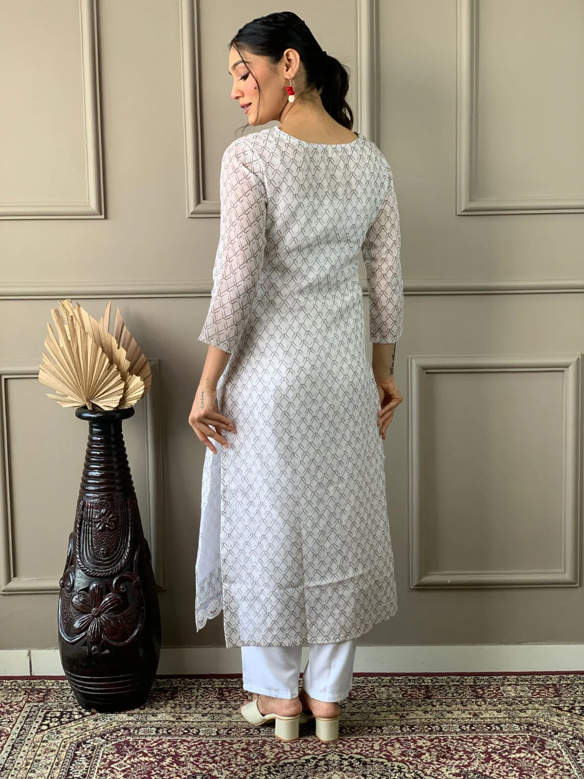 Odette White Embroidered Cotton Blend Stitched Kurta Salwar Set For Women - Image 4