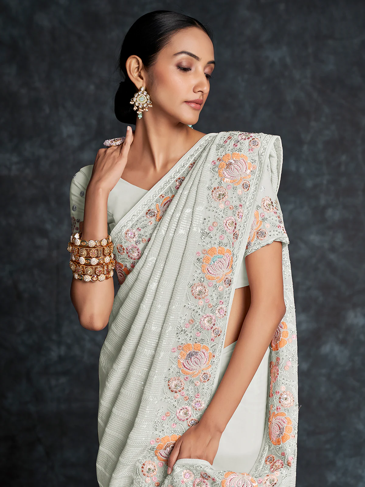 Odette White Embroidered Georgette Saree With Unstitched Blouse For Women - Image 5