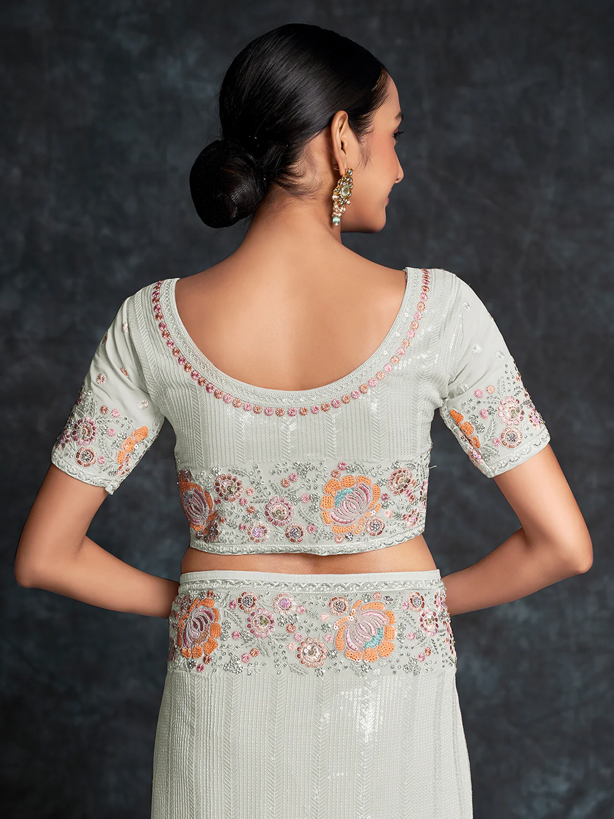 Odette White Embroidered Georgette Saree With Unstitched Blouse For Women - Image 7