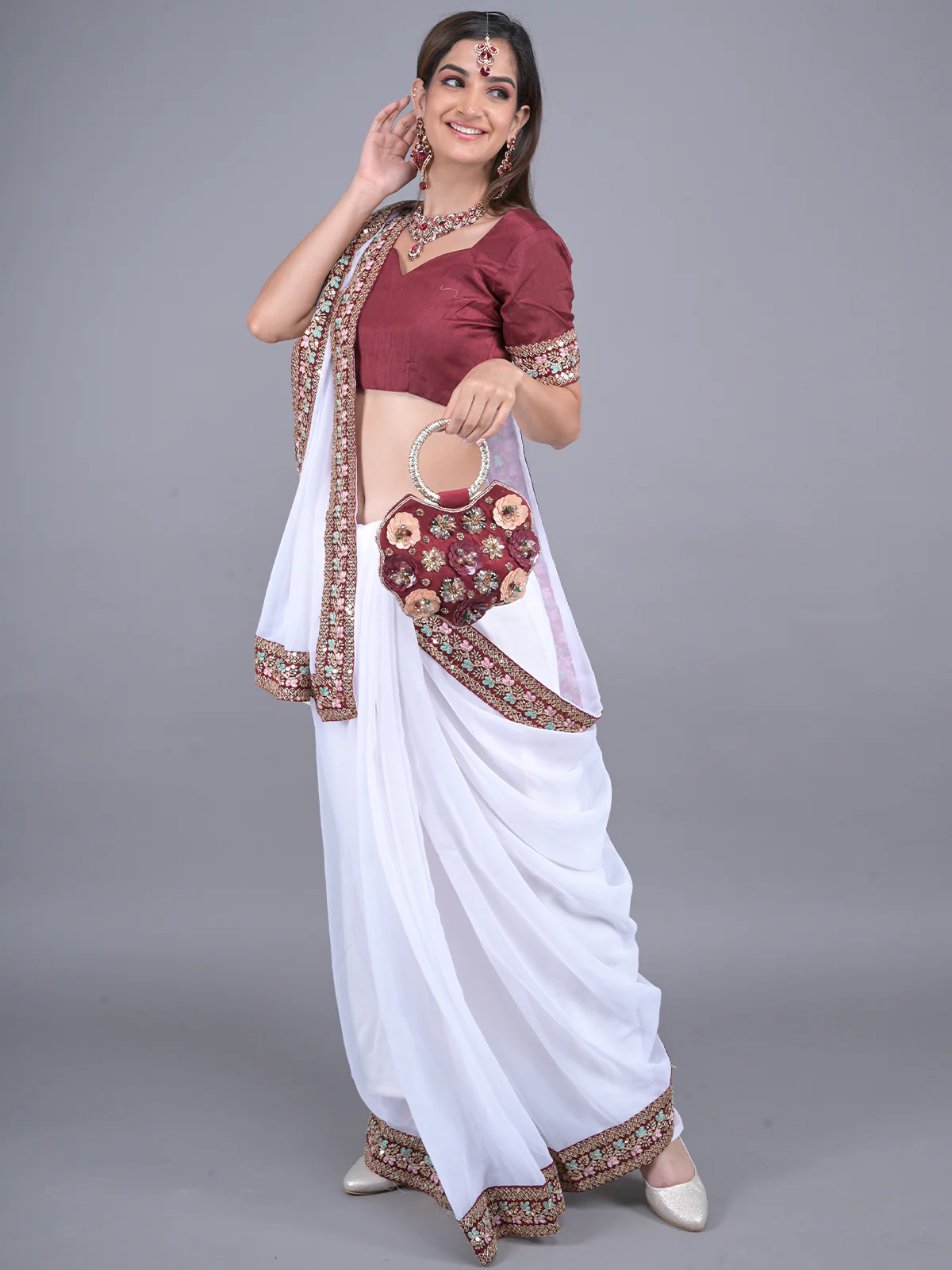 Odette White Embroidered Georgette Saree with Unstitched Blouse for Women - Image 2
