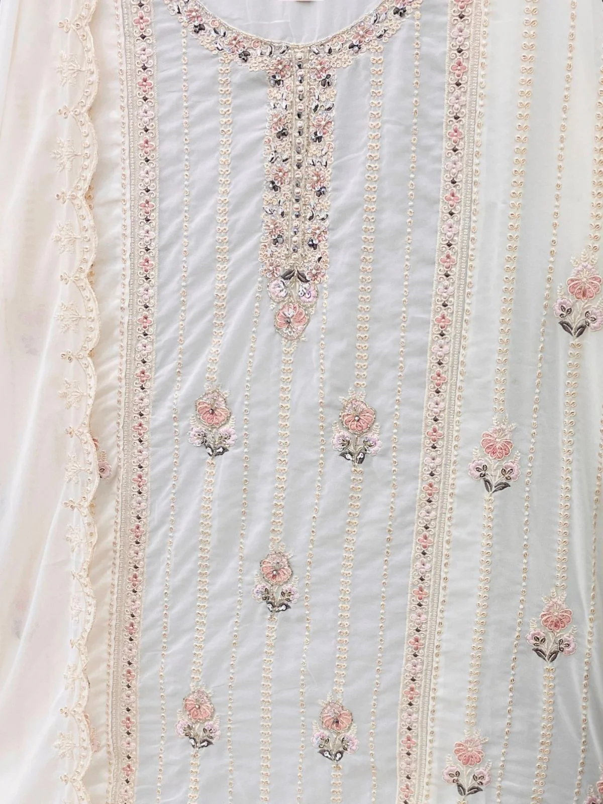Odette White Embroidered Georgette Semi Stitched Kurta Set With Dupatta For Women - Image 3