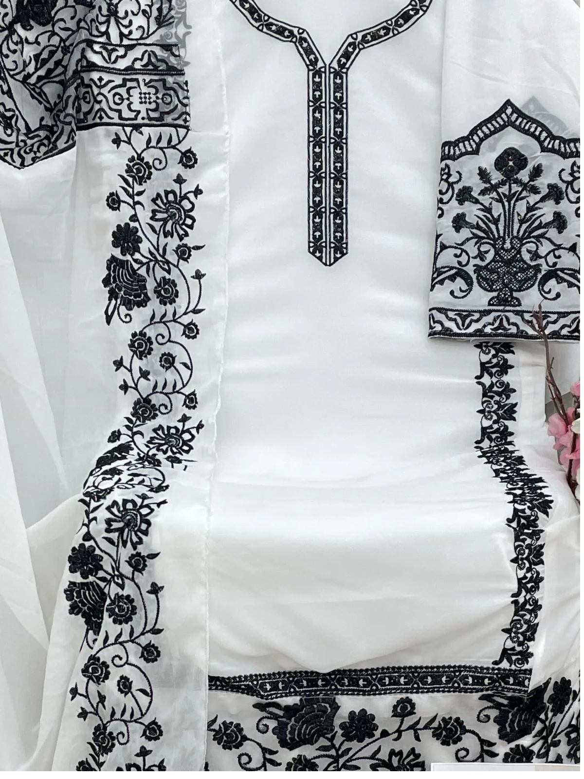 Odette White Embroidered Georgette Semi Stitched Kurta Set with Dupatta For Women - Image 3